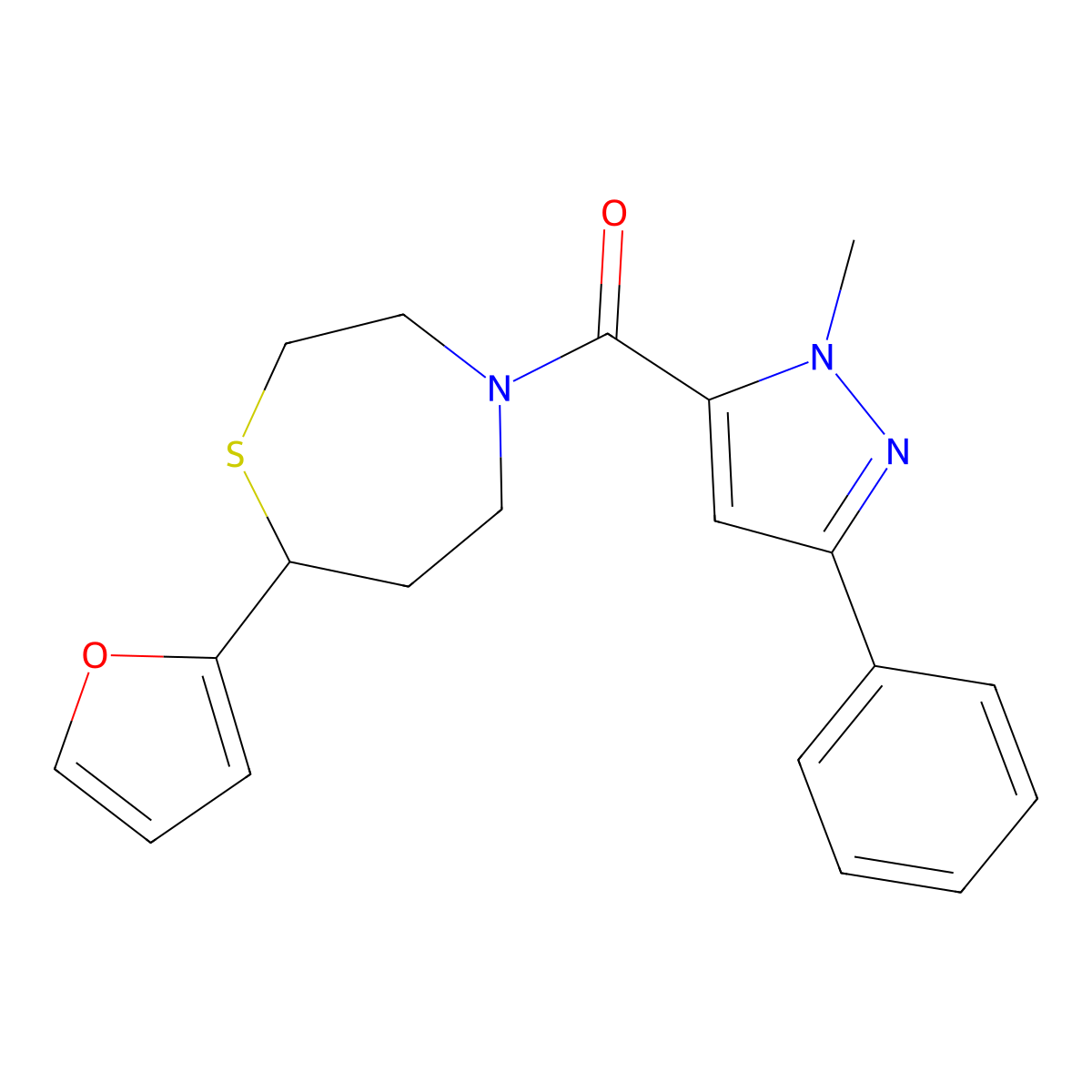 (7-(furan-2-yl)-1,4-thiazepan-4-yl)(1-methyl-3-phenyl-1H-pyrazol-5-yl)methanone molecular structure, CAS 1795302-67-8