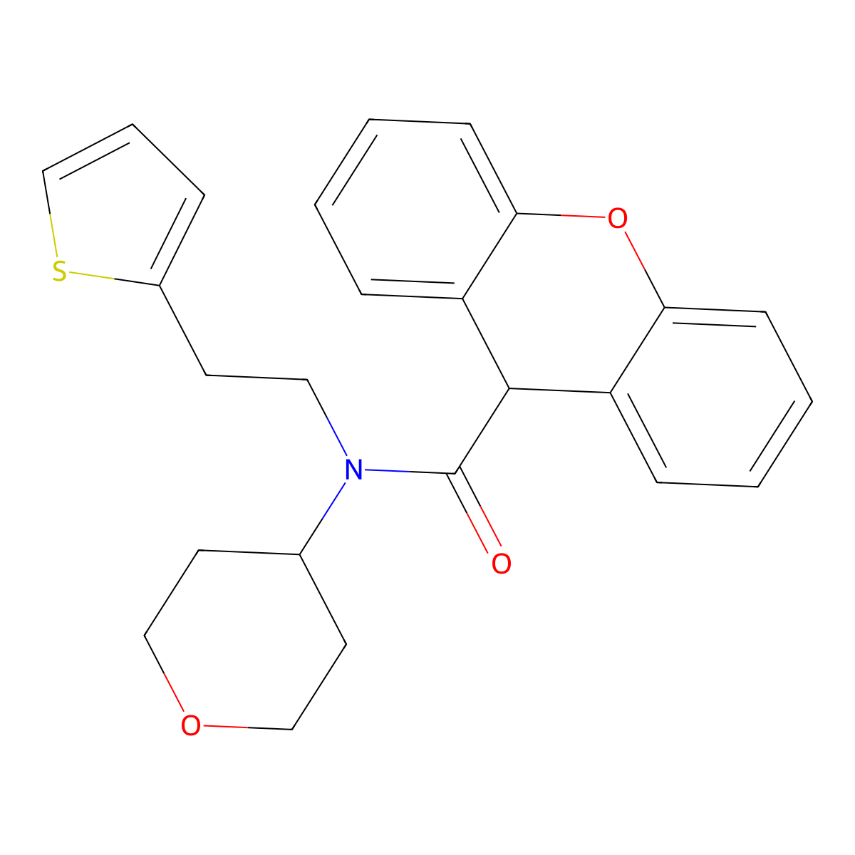N-(tetrahydro-2H-pyran-4-yl)-N-(2-(thiophen-2-yl)ethyl)-9H-xanthene-9-carboxamide molecular structure, CAS 1795302-70-3