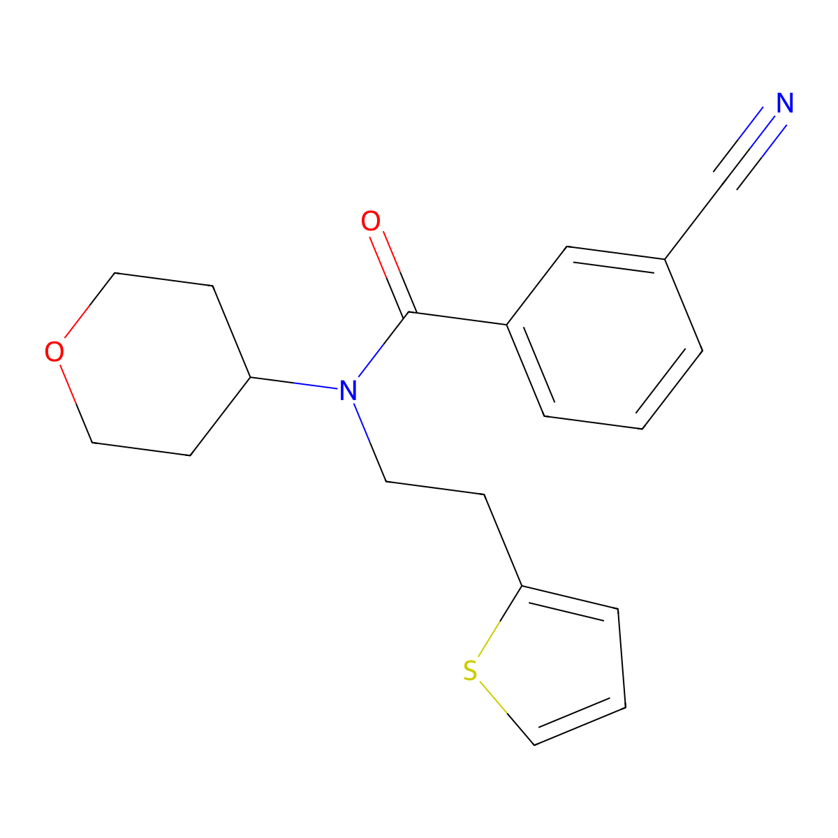 3-cyano-N-(tetrahydro-2H-pyran-4-yl)-N-(2-(thiophen-2-yl)ethyl)benzamide molecular structure, CAS 1795302-78-1