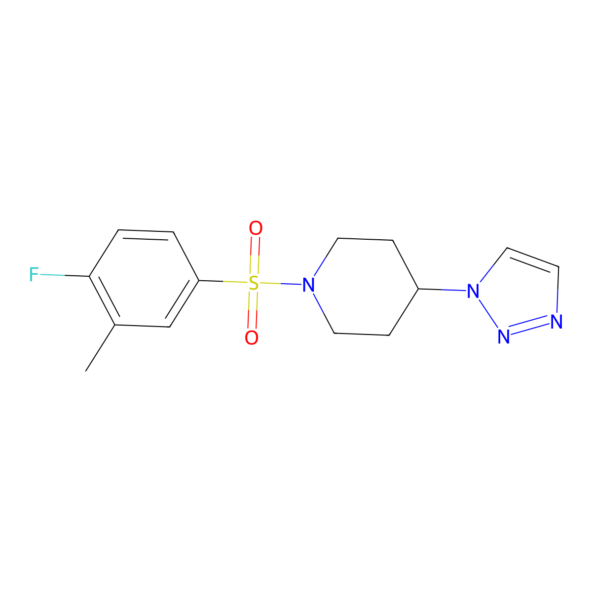 1-(4-fluoro-3-methylbenzenesulfonyl)-4-(1H-1,2,3-triazol-1-yl)piperidine molecular structure, CAS 1795303-10-4