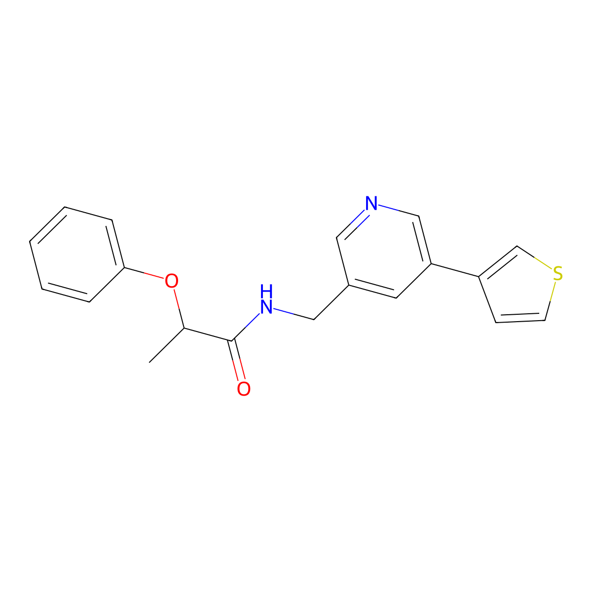 2-phenoxy-N-((5-(thiophen-3-yl)pyridin-3-yl)methyl)propanamide molecular structure, CAS 1795303-15-9