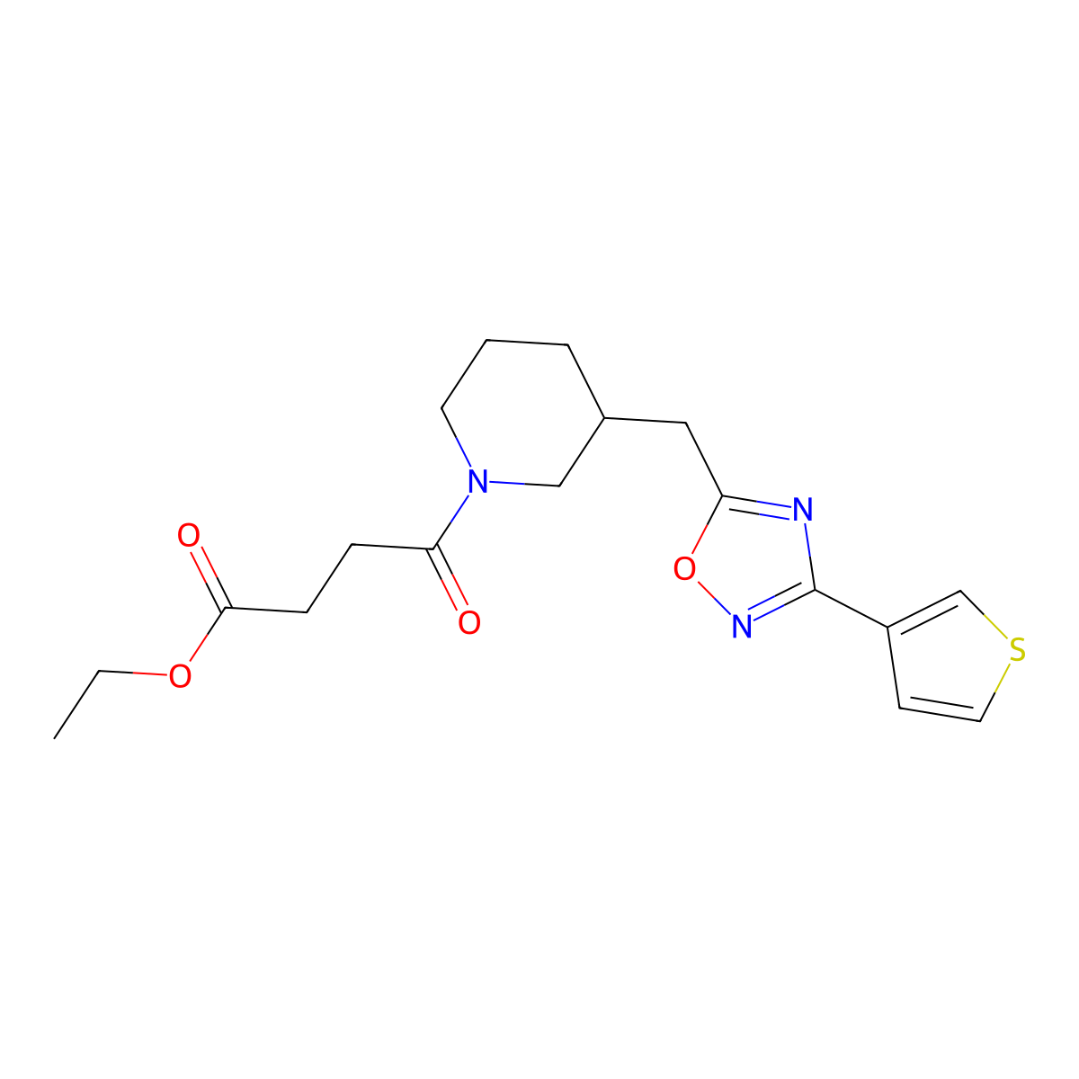 Ethyl 4-oxo-4-(3-((3-(thiophen-3-yl)-1,2,4-oxadiazol-5-yl)methyl)piperidin-1-yl)butanoate molecular structure, CAS 1795303-24-0
