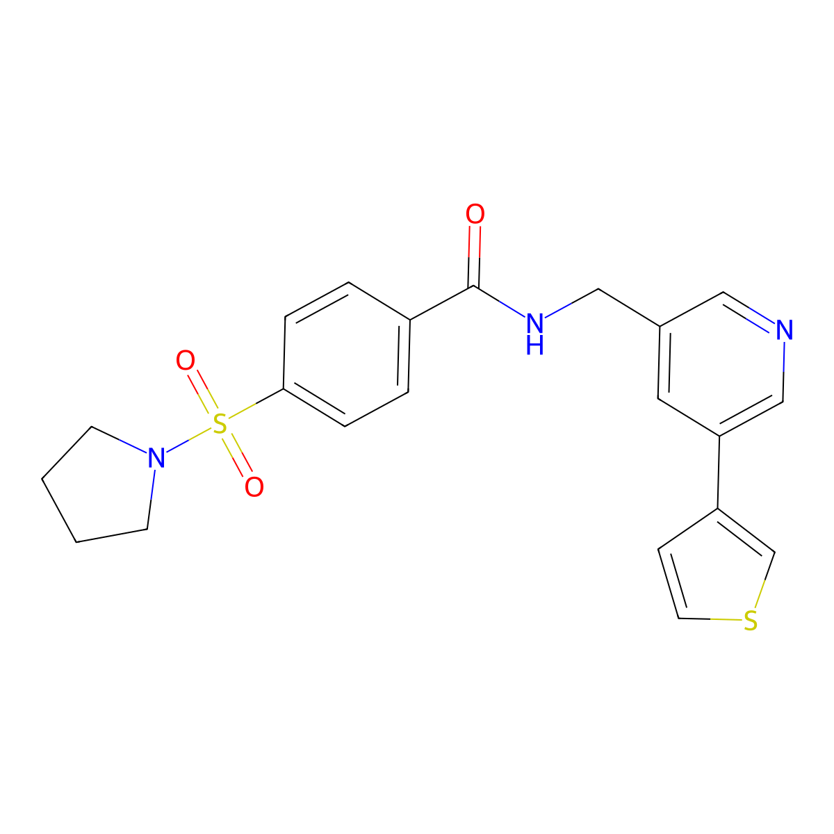 4-(pyrrolidin-1-ylsulfonyl)-N-((5-(thiophen-3-yl)pyridin-3-yl)methyl)benzamide molecular structure, CAS 1795303-25-1