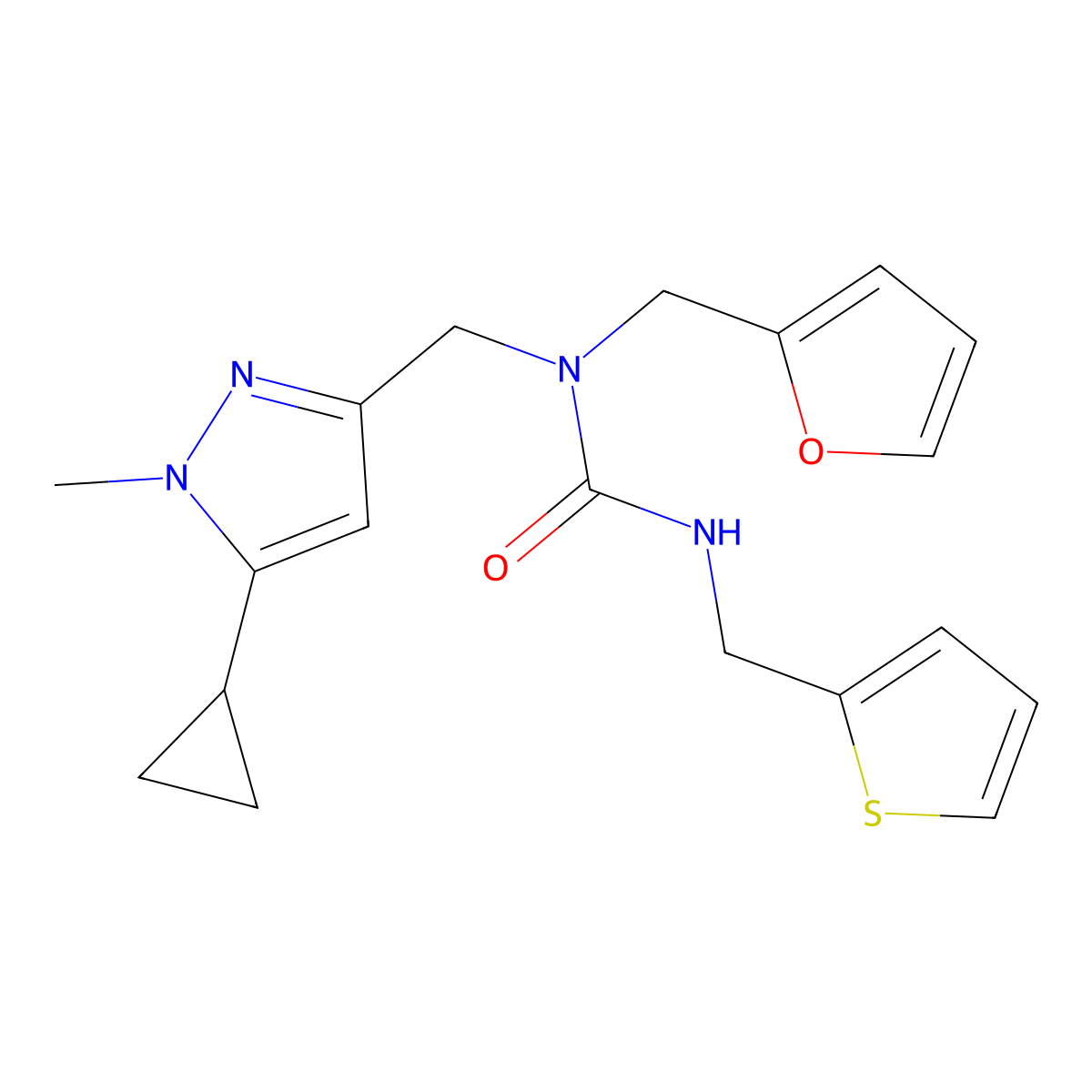 1-((5-cyclopropyl-1-methyl-1H-pyrazol-3-yl)methyl)-1-(furan-2-ylmethyl)-3-(thiophen-2-ylmethyl)urea molecular structure, CAS 1795303-39-7