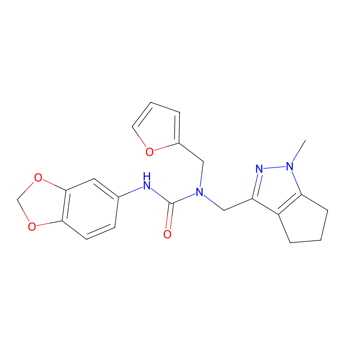 3-(Benzo[d][1,3]dioxol-5-yl)-1-(furan-2-ylmethyl)-1-((1-methyl-1,4,5,6-tetrahydrocyclopenta[c]pyrazol-3-yl)methyl)urea molecular structure, CAS 1795303-43-3