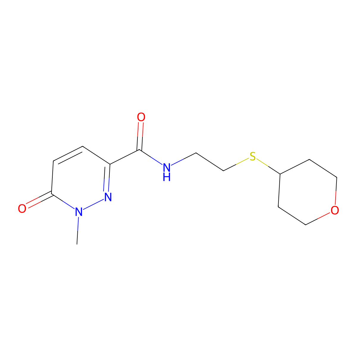 1-methyl-6-oxo-N-(2-((tetrahydro-2H-pyran-4-yl)thio)ethyl)-1,6-dihydropyridazine-3-carboxamide molecular structure, CAS 1795303-47-7