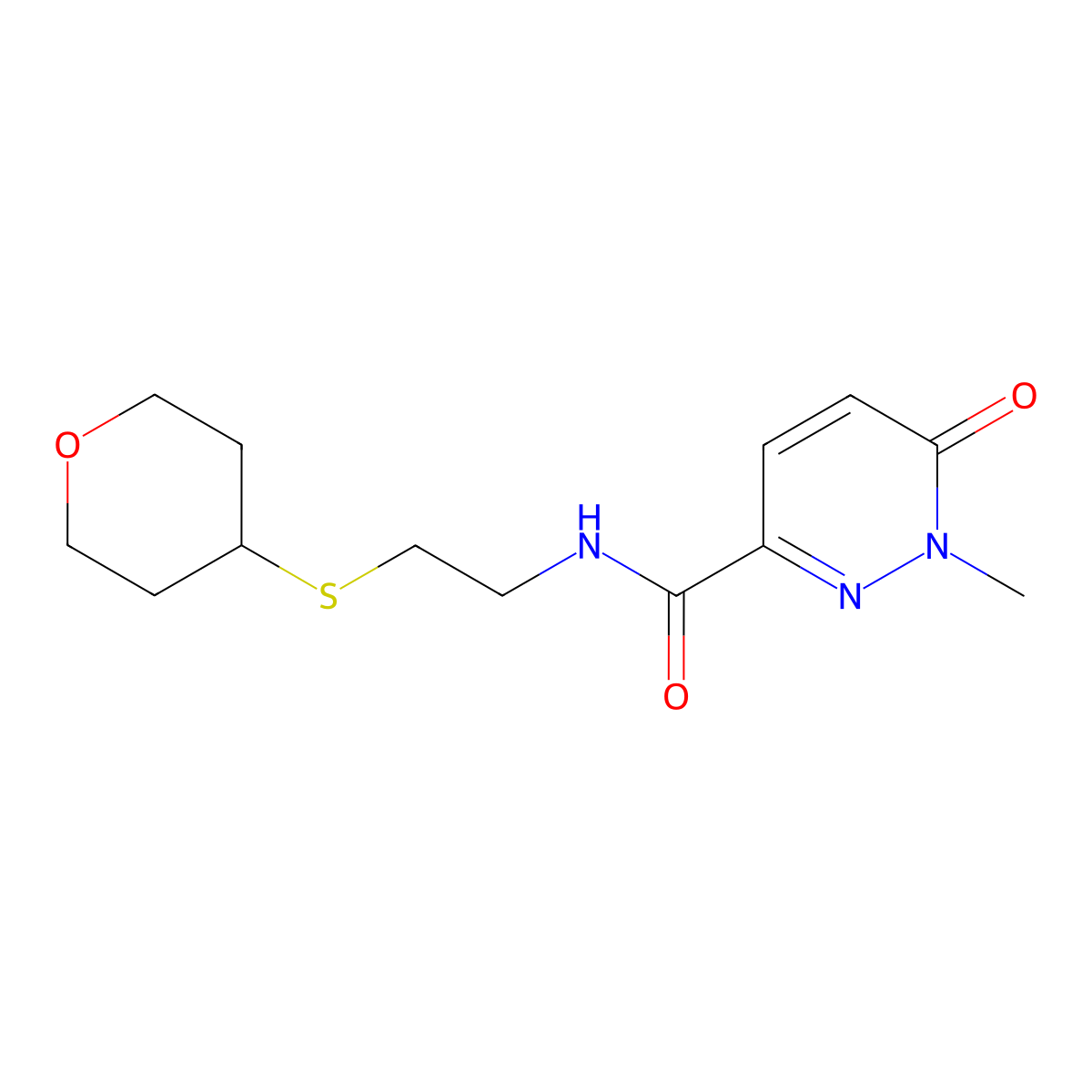 1-methyl-6-oxo-N-(2-((tetrahydro-2H-pyran-4-yl)thio)ethyl)-1,6-dihydropyridazine-3-carboxamide molecular structure, CAS 1795303-47-7