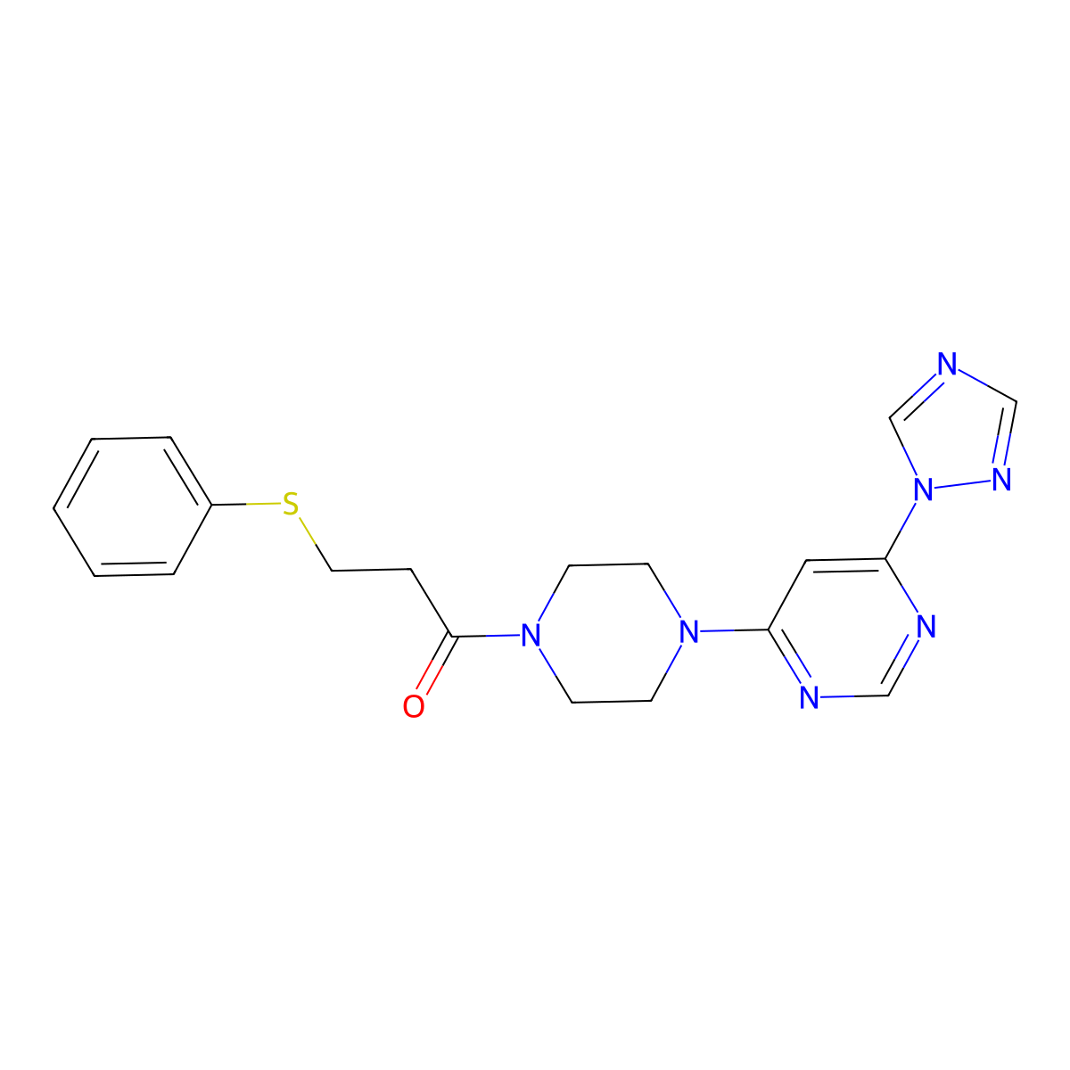 1-(4-(6-(1H-1,2,4-triazol-1-yl)pyrimidin-4-yl)piperazin-1-yl)-3-(phenylthio)propan-1-one molecular structure, CAS 1795303-63-7