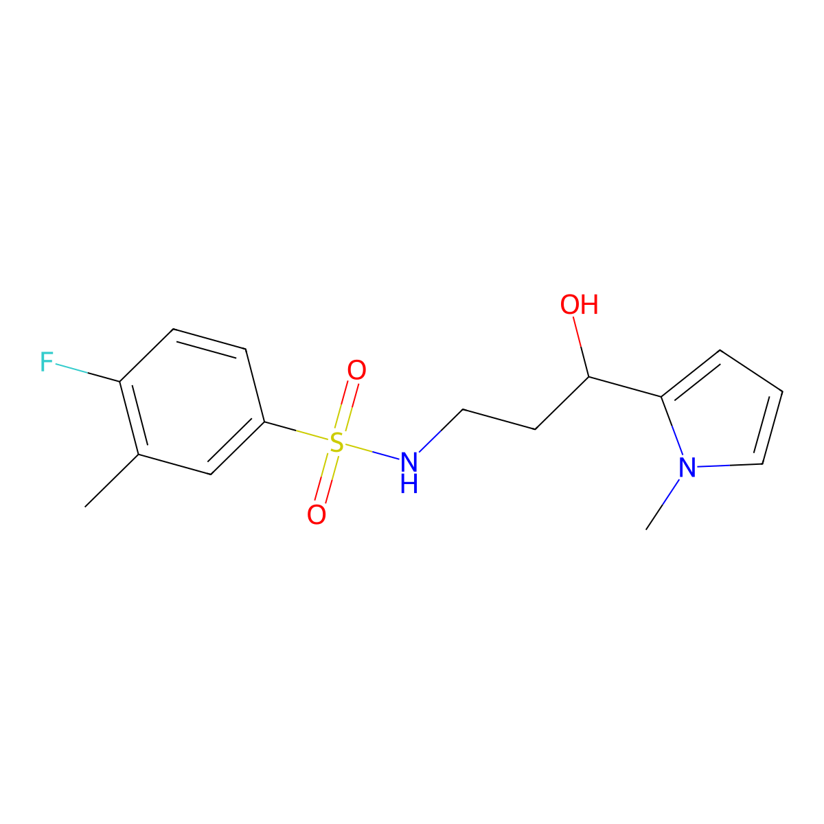 4-fluoro-N-(3-hydroxy-3-(1-methyl-1H-pyrrol-2-yl)propyl)-3-methylbenzenesulfonamide molecular structure, CAS 1795303-66-0