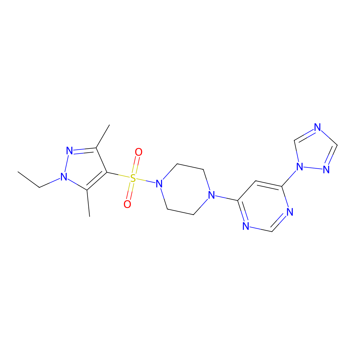 4-{4-[(1-ethyl-3,5-dimethyl-1H-pyrazol-4-yl)sulfonyl]piperazin-1-yl}-6-(1H-1,2,4-triazol-1-yl)pyrimidine molecular structure, CAS 1795303-74-0