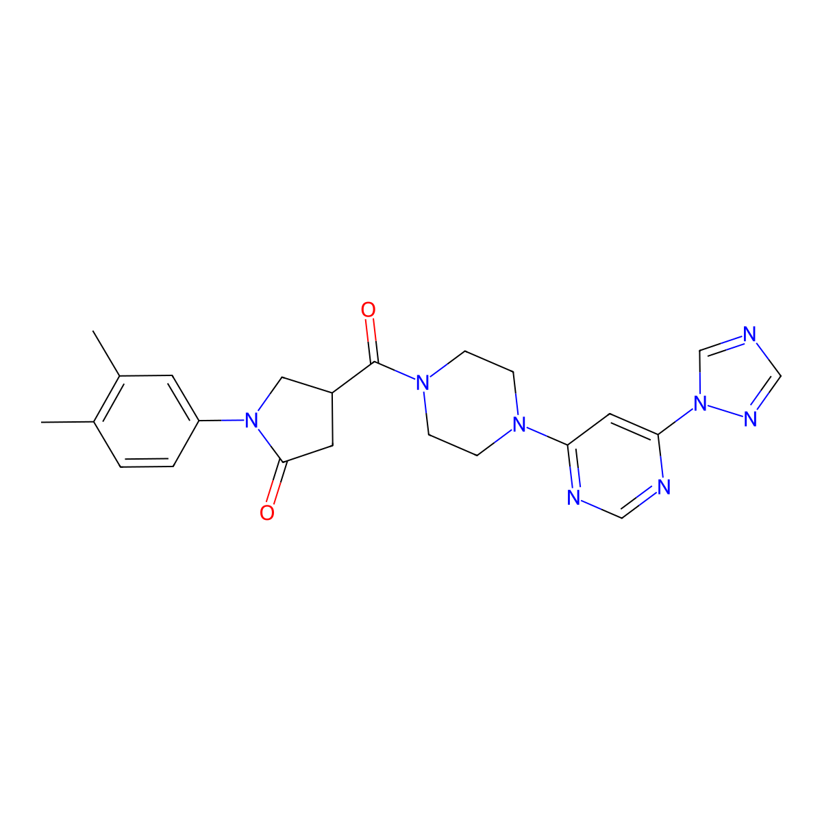 4-(4-(6-(1H-1,2,4-triazol-1-yl)pyrimidin-4-yl)piperazine-1-carbonyl)-1-(3,4-dimethylphenyl)pyrrolidin-2-one molecular structure, CAS 1795303-79-5