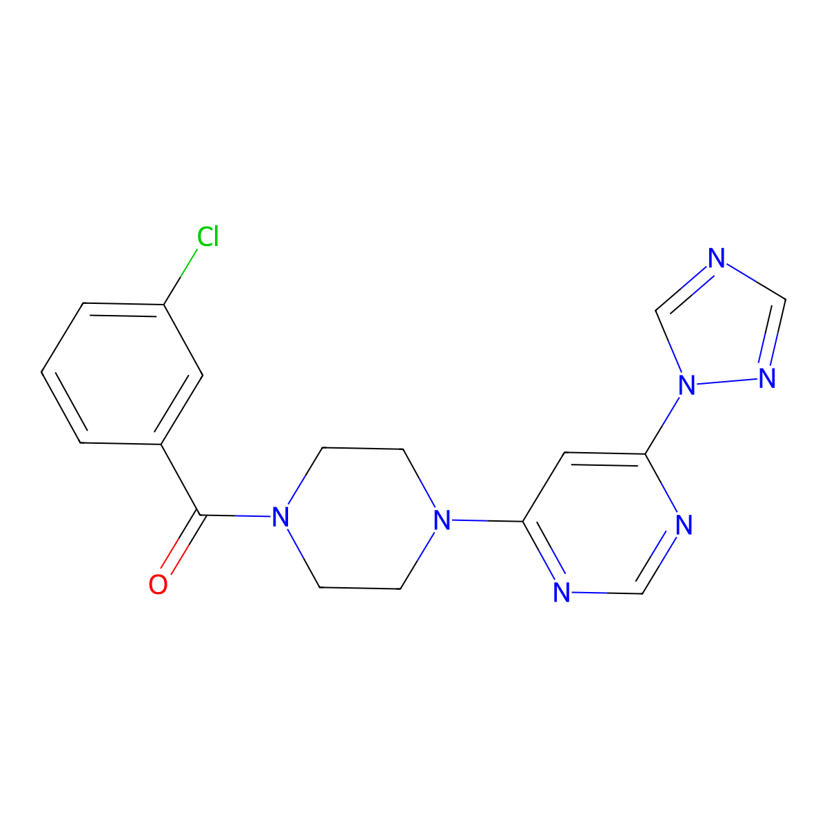 (4-(6-(1H-1,2,4-triazol-1-yl)pyrimidin-4-yl)piperazin-1-yl)(3-chlorophenyl)methanone molecular structure, CAS 1795303-93-3