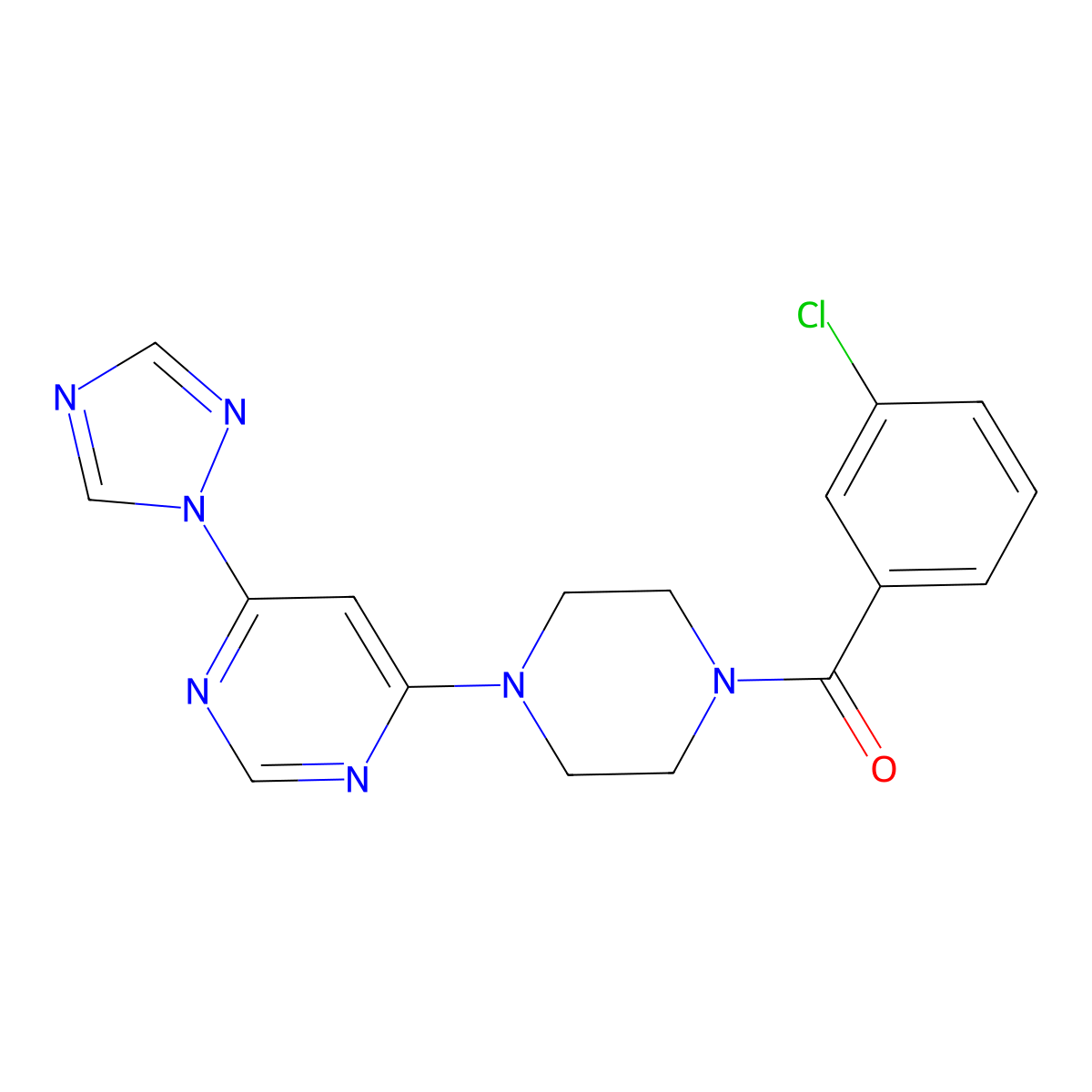(4-(6-(1H-1,2,4-triazol-1-yl)pyrimidin-4-yl)piperazin-1-yl)(3-chlorophenyl)methanone molecular structure, CAS 1795303-93-3