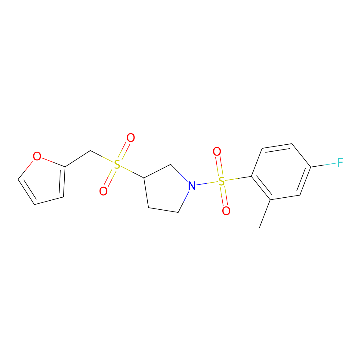 1-((4-Fluoro-2-methylphenyl)sulfonyl)-3-((furan-2-ylmethyl)sulfonyl)pyrrolidine molecular structure, CAS 1795303-94-4