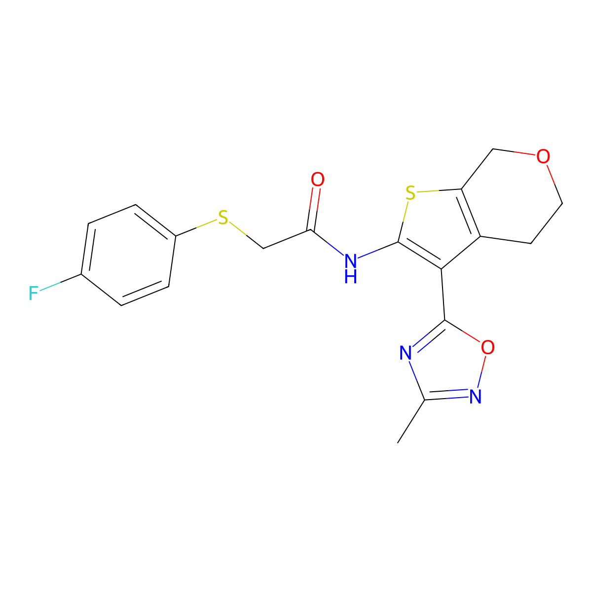 2-((4-fluorophenyl)thio)-N-(3-(3-methyl-1,2,4-oxadiazol-5-yl)-5,7-dihydro-4H-thieno[2,3-c]pyran-2-yl)acetamide molecular structure, CAS 1795304-03-8