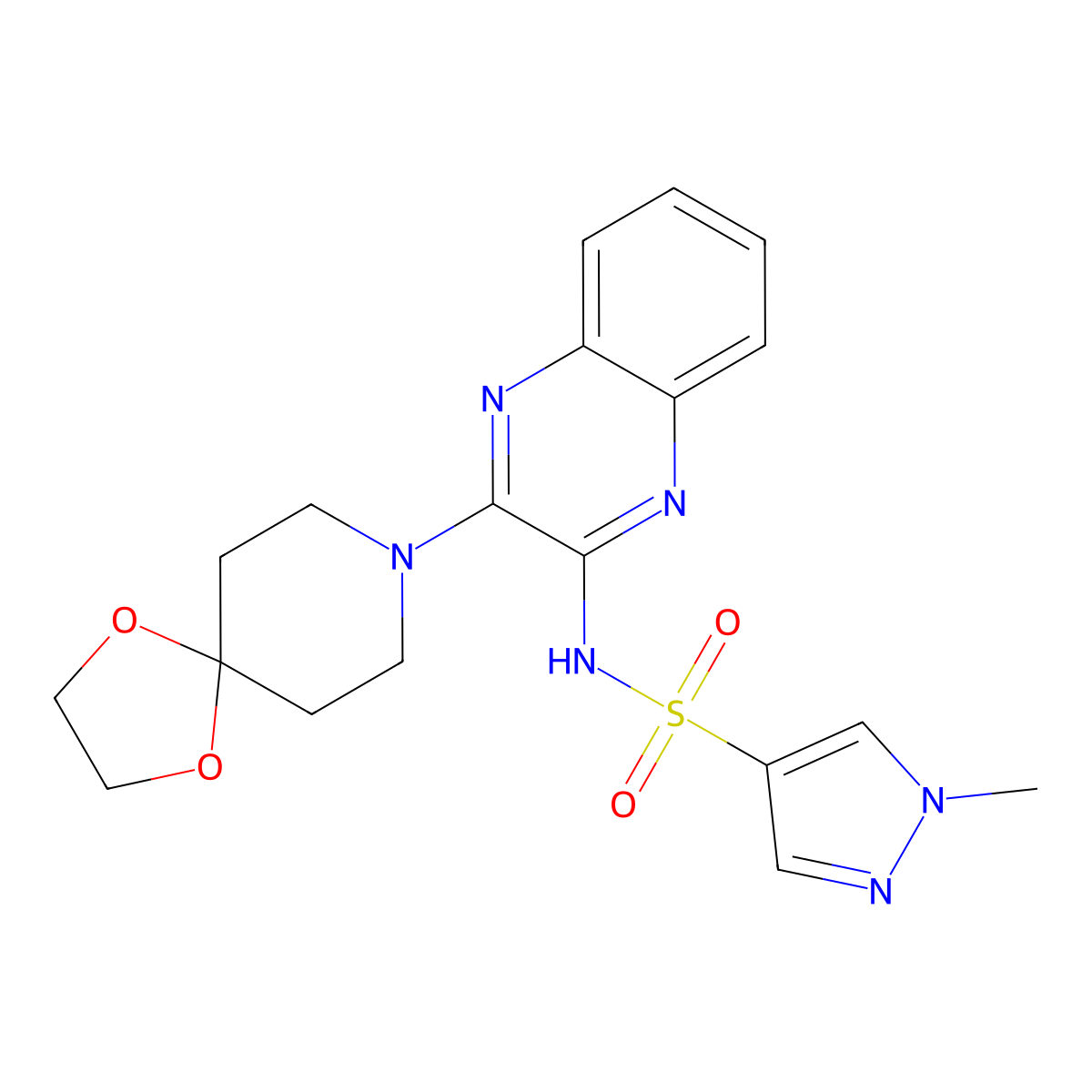N-(3-{1,4-dioxa-8-azaspiro[4.5]decan-8-yl}quinoxalin-2-yl)-1-methyl-1H-pyrazole-4-sulfonamide molecular structure, CAS 1795304-06-1