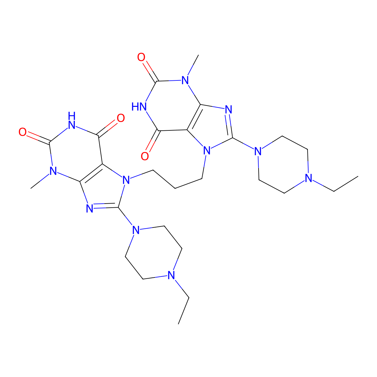 8-(4-ethylpiperazin-1-yl)-7-{3-[8-(4-ethylpiperazin-1-yl)-3-methyl-2,6-dioxo-2,3,6,7-tetrahydro-1H-purin-7-yl]propyl}-3-methyl-2,3,6,7-tetrahydro-1H-purine-2,6-dione molecular structure, CAS 1795304-16-3