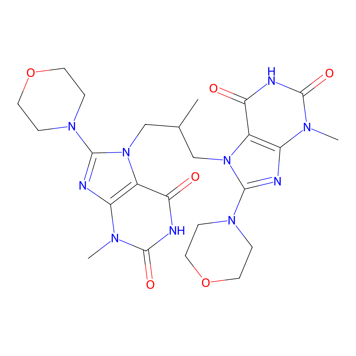 3-methyl-7-(2-{[3-methyl-8-(morpholin-4-yl)-2,6-dioxo-2,3,6,7-tetrahydro-1H-purin-7-yl]methyl}propyl)-8-(morpholin-4-yl)-2,3,6,7-tetrahydro-1H-purine-2,6-dione molecular structure, CAS 1795304-19-6