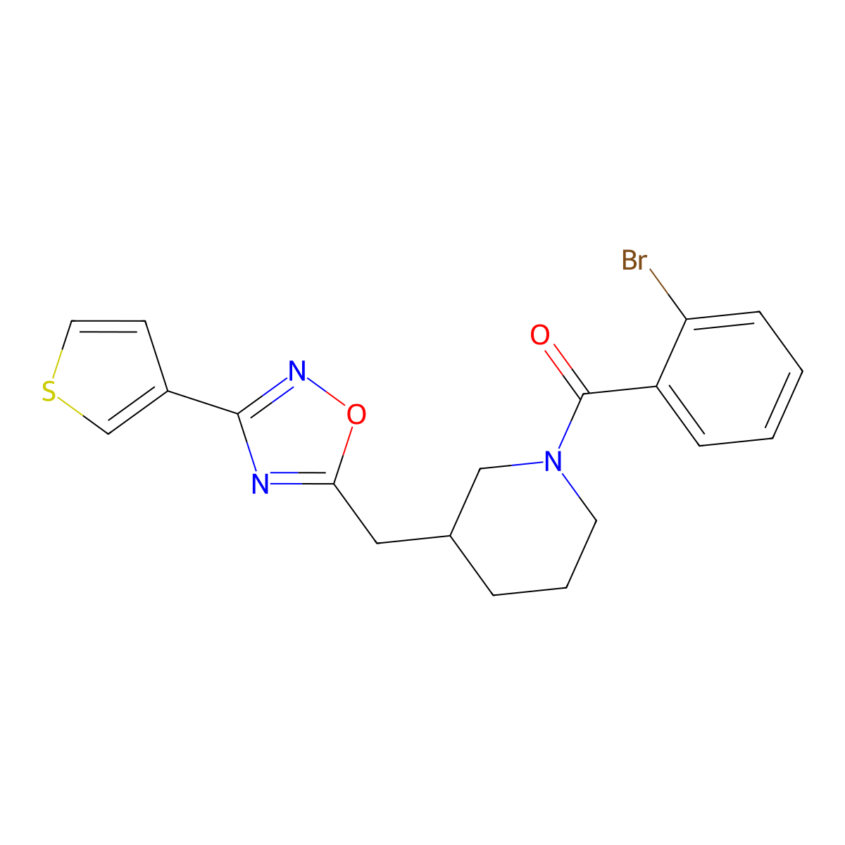 (2-Bromophenyl)(3-((3-(thiophen-3-yl)-1,2,4-oxadiazol-5-yl)methyl)piperidin-1-yl)methanone molecular structure, CAS 1795304-31-2