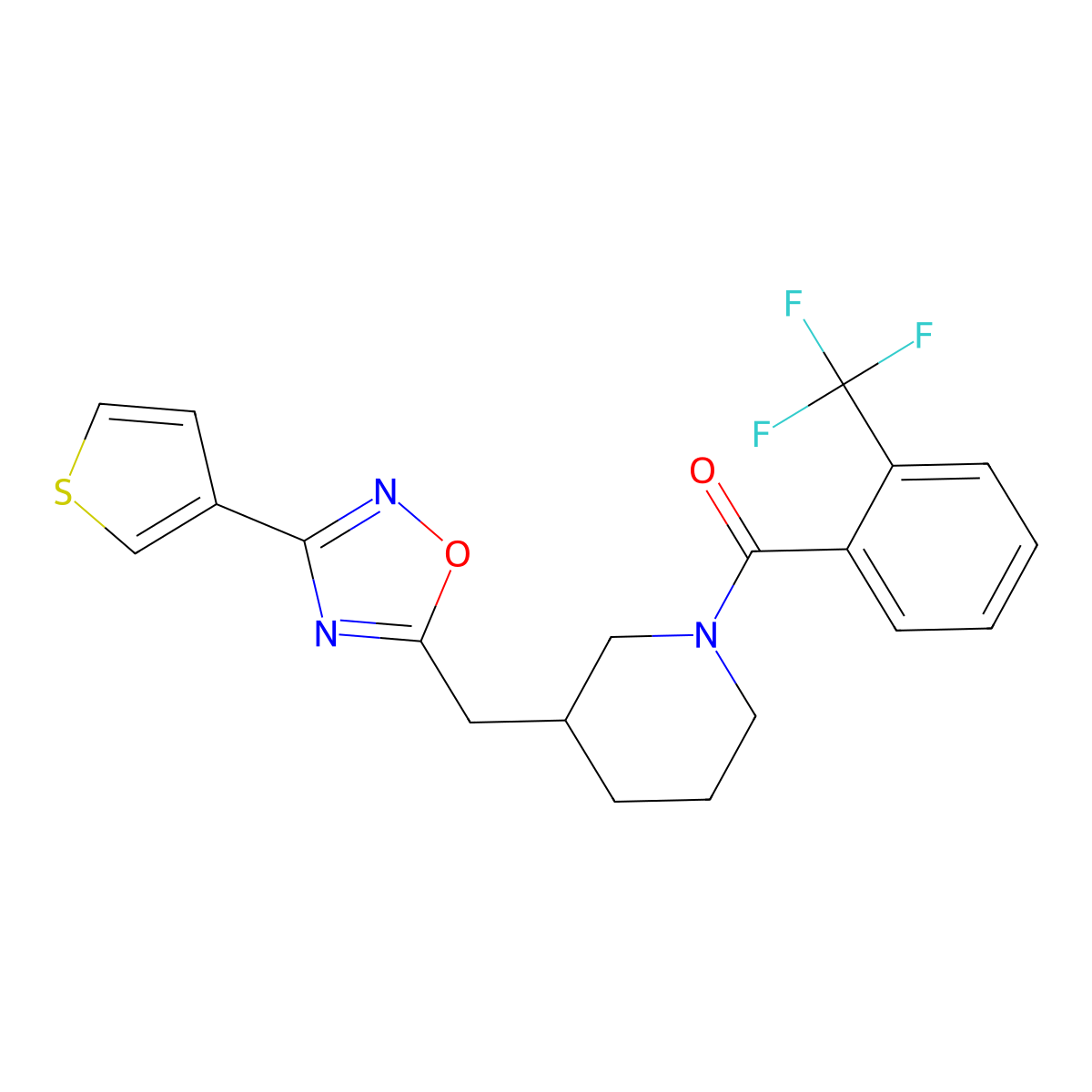 (3-((3-(Thiophen-3-yl)-1,2,4-oxadiazol-5-yl)methyl)piperidin-1-yl)(2-(trifluoromethyl)phenyl)methanone molecular structure, CAS 1795304-36-7