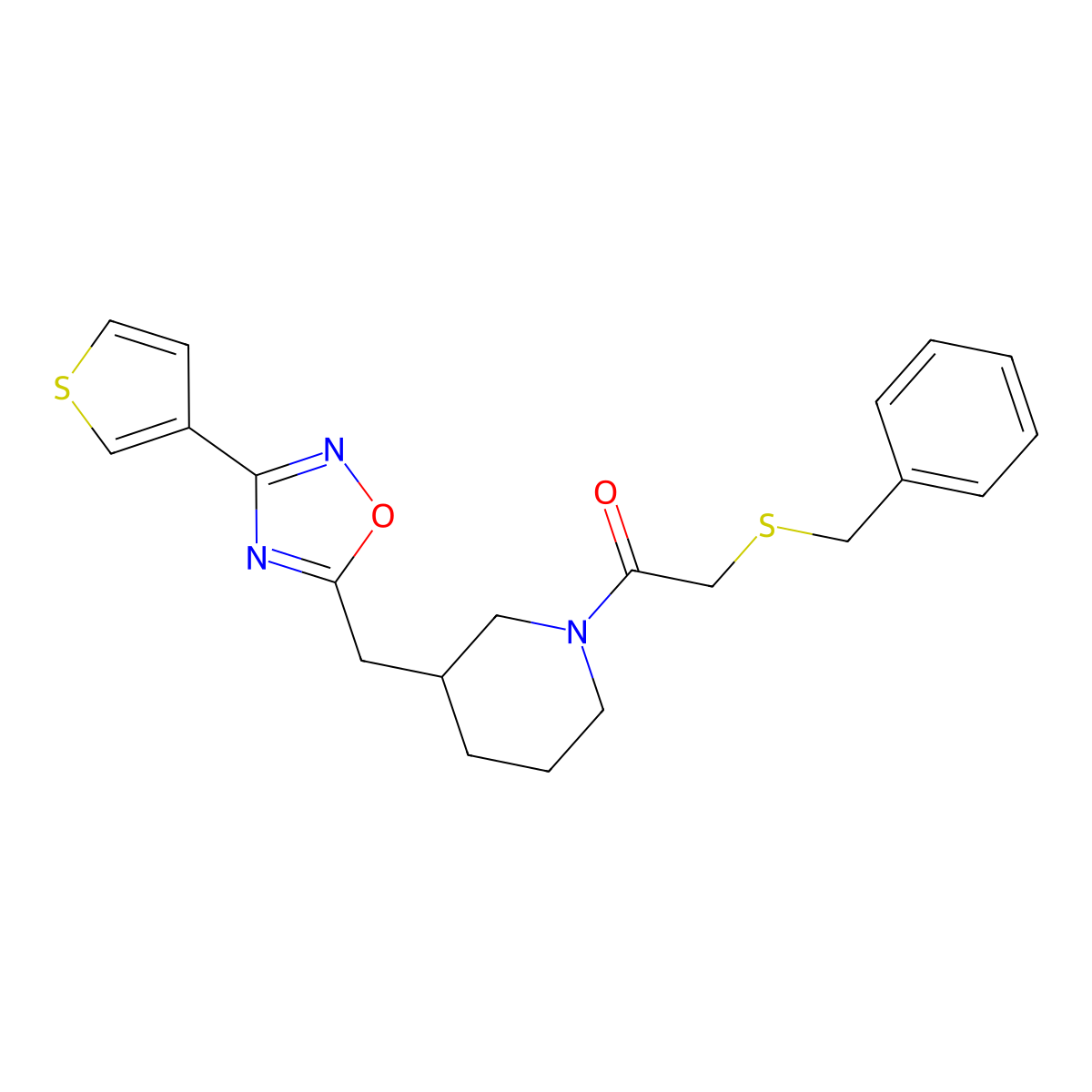 2-(Benzylthio)-1-(3-((3-(thiophen-3-yl)-1,2,4-oxadiazol-5-yl)methyl)piperidin-1-yl)ethanone molecular structure, CAS 1795304-43-6
