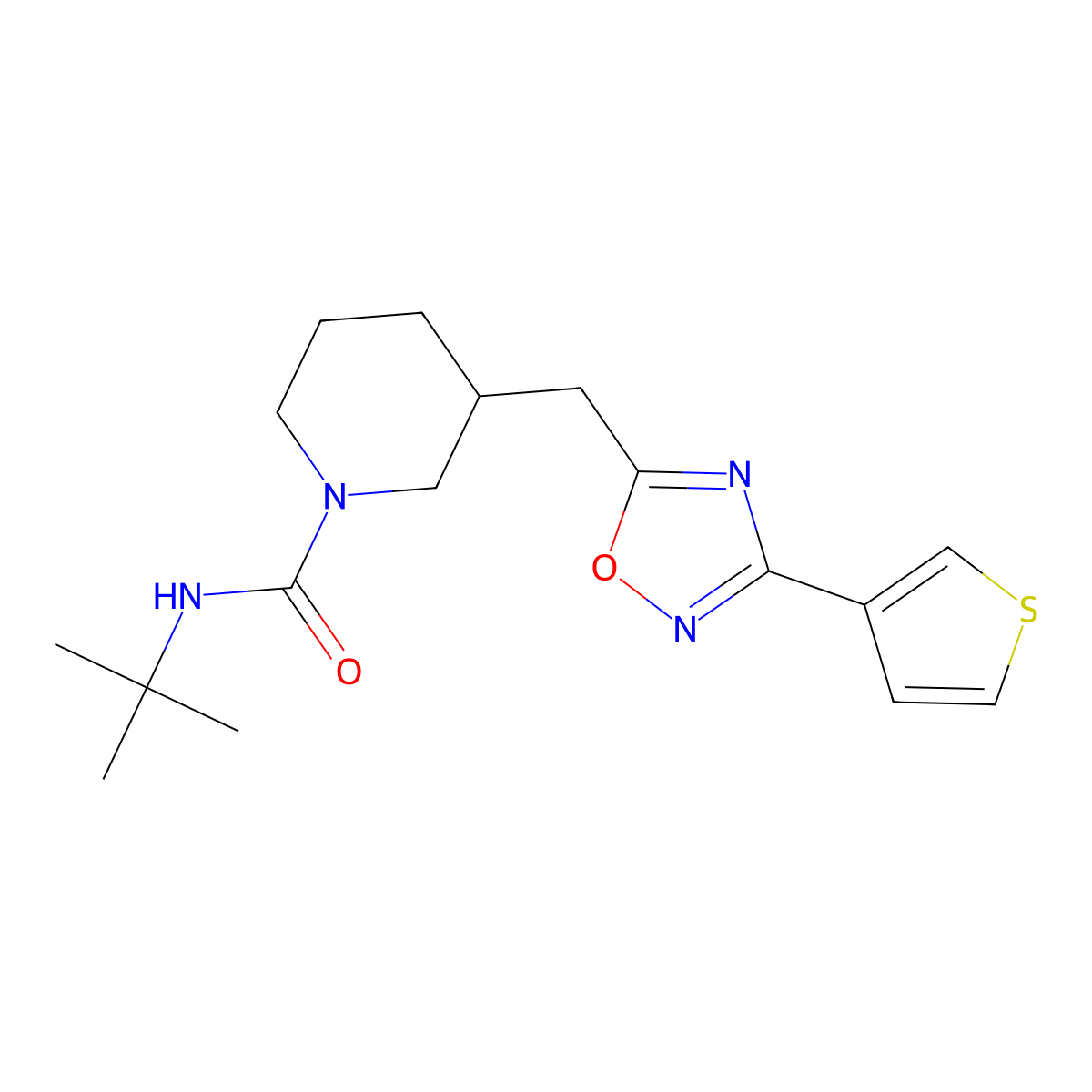 N-(tert-butyl)-3-((3-(thiophen-3-yl)-1,2,4-oxadiazol-5-yl)methyl)piperidine-1-carboxamide molecular structure, CAS 1795304-48-1