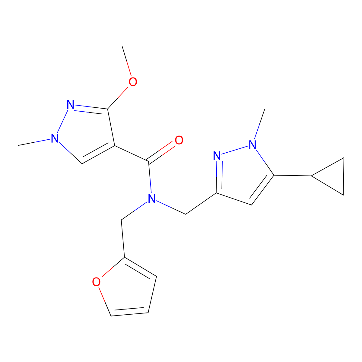 N-((5-cyclopropyl-1-methyl-1H-pyrazol-3-yl)methyl)-N-(furan-2-ylmethyl)-3-methoxy-1-methyl-1H-pyrazole-4-carboxamide molecular structure, CAS 1795304-63-0