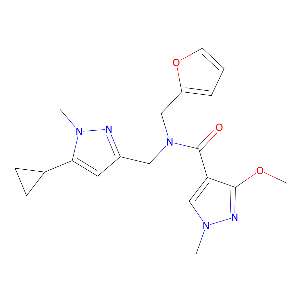 N-((5-cyclopropyl-1-methyl-1H-pyrazol-3-yl)methyl)-N-(furan-2-ylmethyl)-3-methoxy-1-methyl-1H-pyrazole-4-carboxamide molecular structure, CAS 1795304-63-0