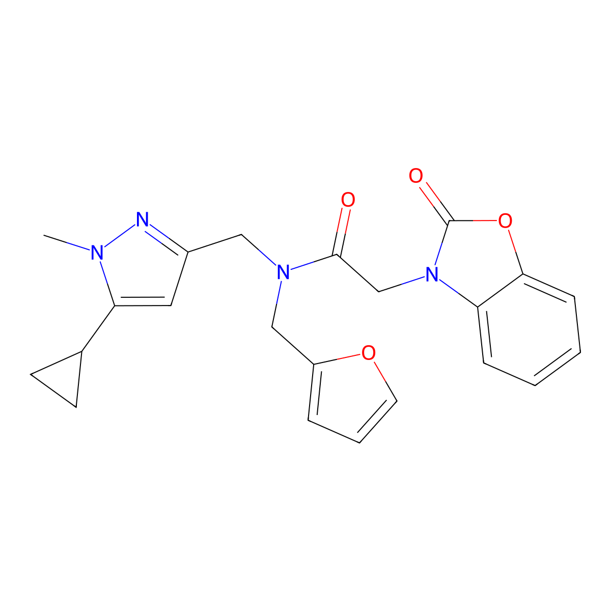 N-((5-cyclopropyl-1-methyl-1H-pyrazol-3-yl)methyl)-N-(furan-2-ylmethyl)-2-(2-oxobenzo[d]oxazol-3(2H)-yl)acetamide molecular structure, CAS 1795304-70-9