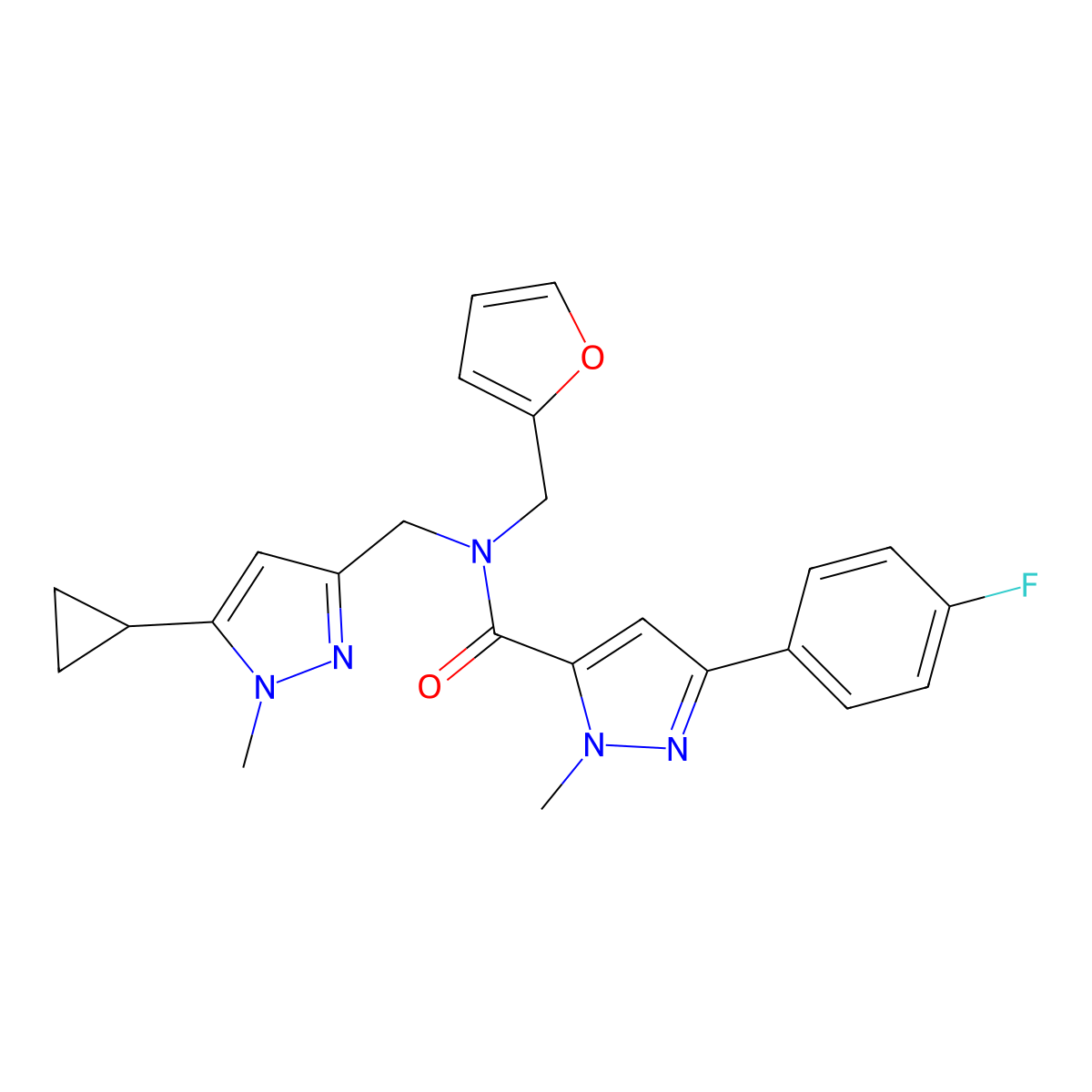 N-((5-cyclopropyl-1-methyl-1H-pyrazol-3-yl)methyl)-3-(4-fluorophenyl)-N-(furan-2-ylmethyl)-1-methyl-1H-pyrazole-5-carboxamide molecular structure, CAS 1795304-72-1