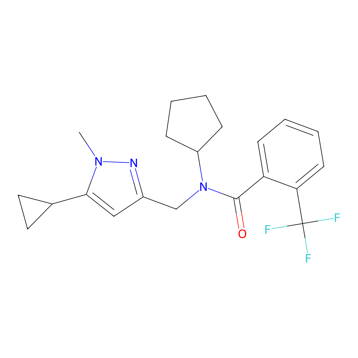 N-cyclopentyl-N-((5-cyclopropyl-1-methyl-1H-pyrazol-3-yl)methyl)-2-(trifluoromethyl)benzamide molecular structure, CAS 1795304-79-8