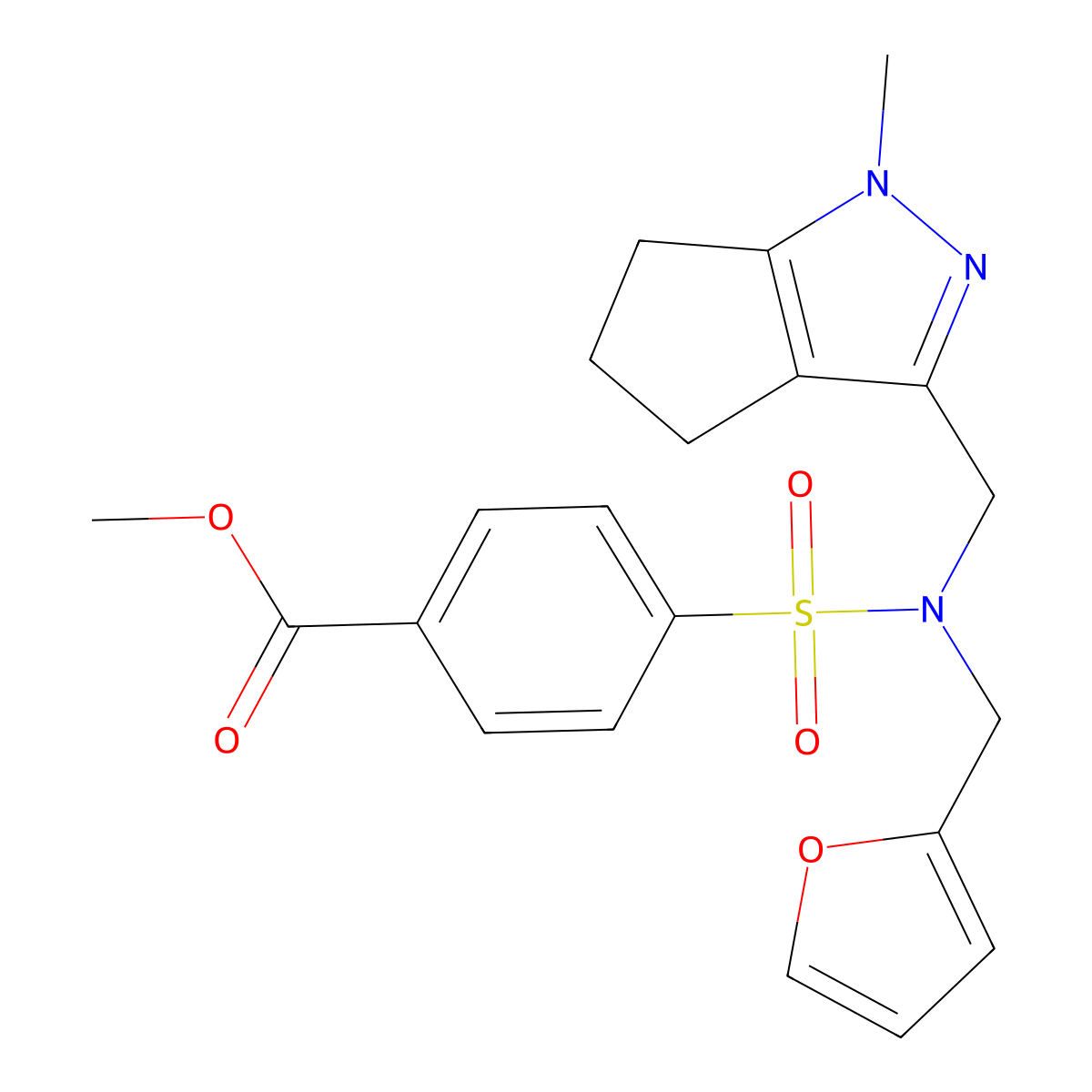 methyl 4-(N-(furan-2-ylmethyl)-N-((1-methyl-1,4,5,6-tetrahydrocyclopenta[c]pyrazol-3-yl)methyl)sulfamoyl)benzoate molecular structure, CAS 1795305-07-5