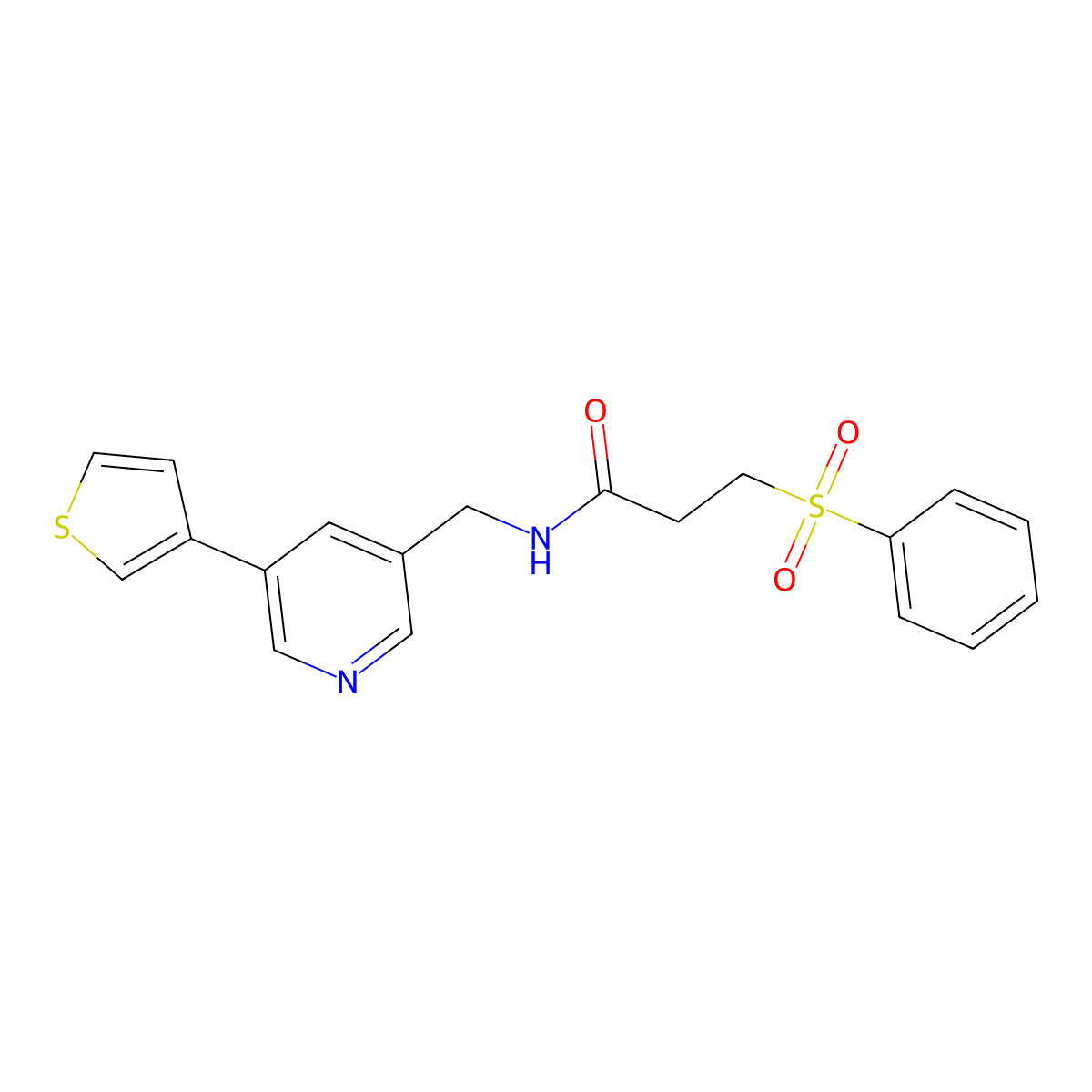 3-(phenylsulfonyl)-N-((5-(thiophen-3-yl)pyridin-3-yl)methyl)propanamide molecular structure, CAS 1795305-08-6