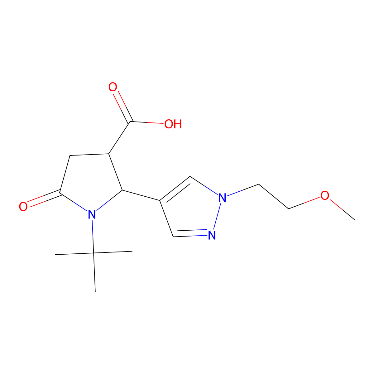 1-tert-butyl-2-[1-(2-methoxyethyl)-1H-pyrazol-4-yl]-5-oxopyrrolidine-3-carboxylic acid molecular structure, CAS 1795305-12-2
