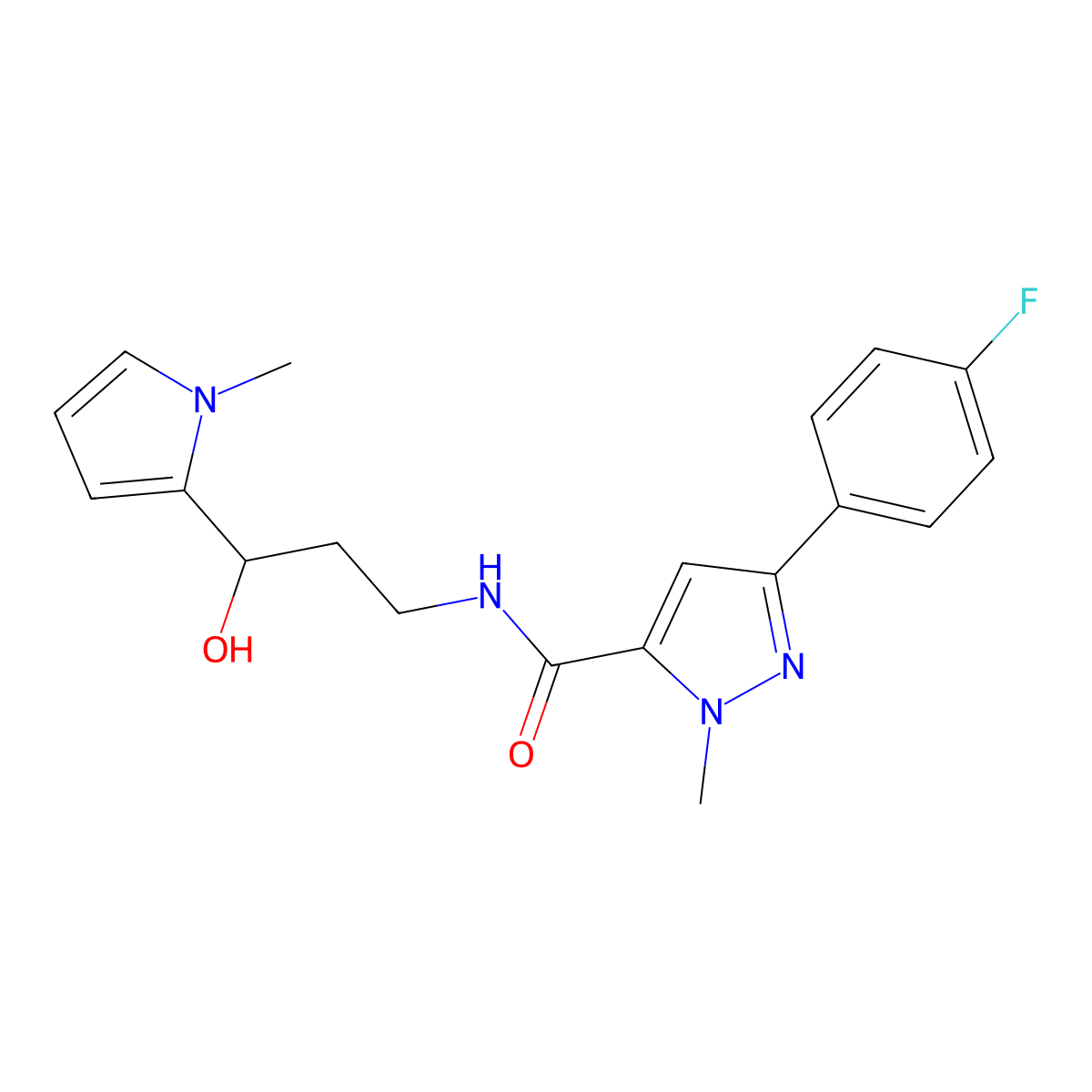 3-(4-fluorophenyl)-N-[3-hydroxy-3-(1-methyl-1H-pyrrol-2-yl)propyl]-1-methyl-1H-pyrazole-5-carboxamide molecular structure, CAS 1795305-13-3