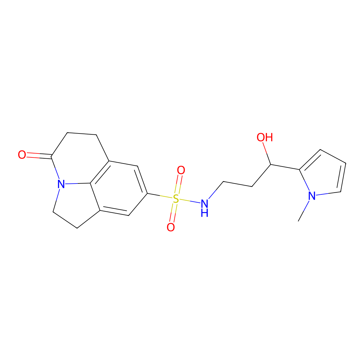 N-[3-hydroxy-3-(1-methyl-1H-pyrrol-2-yl)propyl]-11-oxo-1-azatricyclo[6.3.1.0^{4,12}]dodeca-4(12),5,7-triene-6-sulfonamide molecular structure, CAS 1795305-27-9
