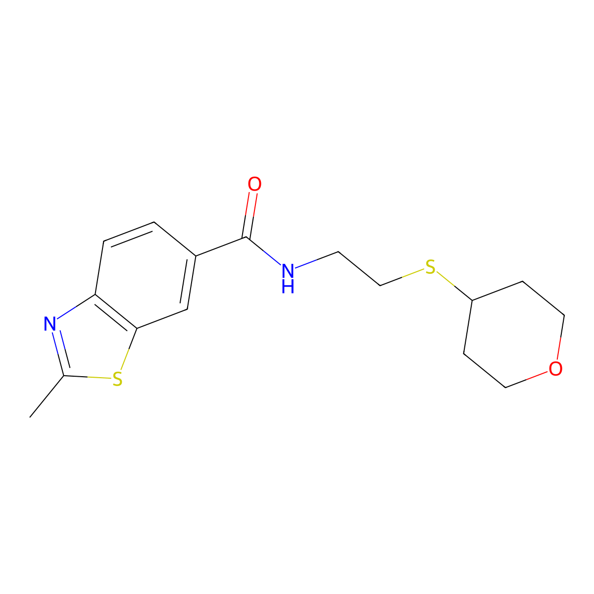 2-methyl-N-[2-(oxan-4-ylsulfanyl)ethyl]-1,3-benzothiazole-6-carboxamide molecular structure, CAS 1795305-54-2