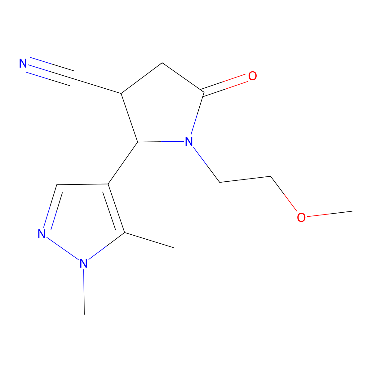 2-(1,5-dimethyl-1H-pyrazol-4-yl)-1-(2-methoxyethyl)-5-oxopyrrolidine-3-carbonitrile molecular structure, CAS 1795355-09-7