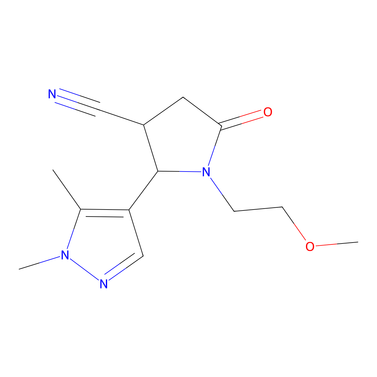2-(1,5-dimethyl-1H-pyrazol-4-yl)-1-(2-methoxyethyl)-5-oxopyrrolidine-3-carbonitrile molecular structure, CAS 1795355-09-7