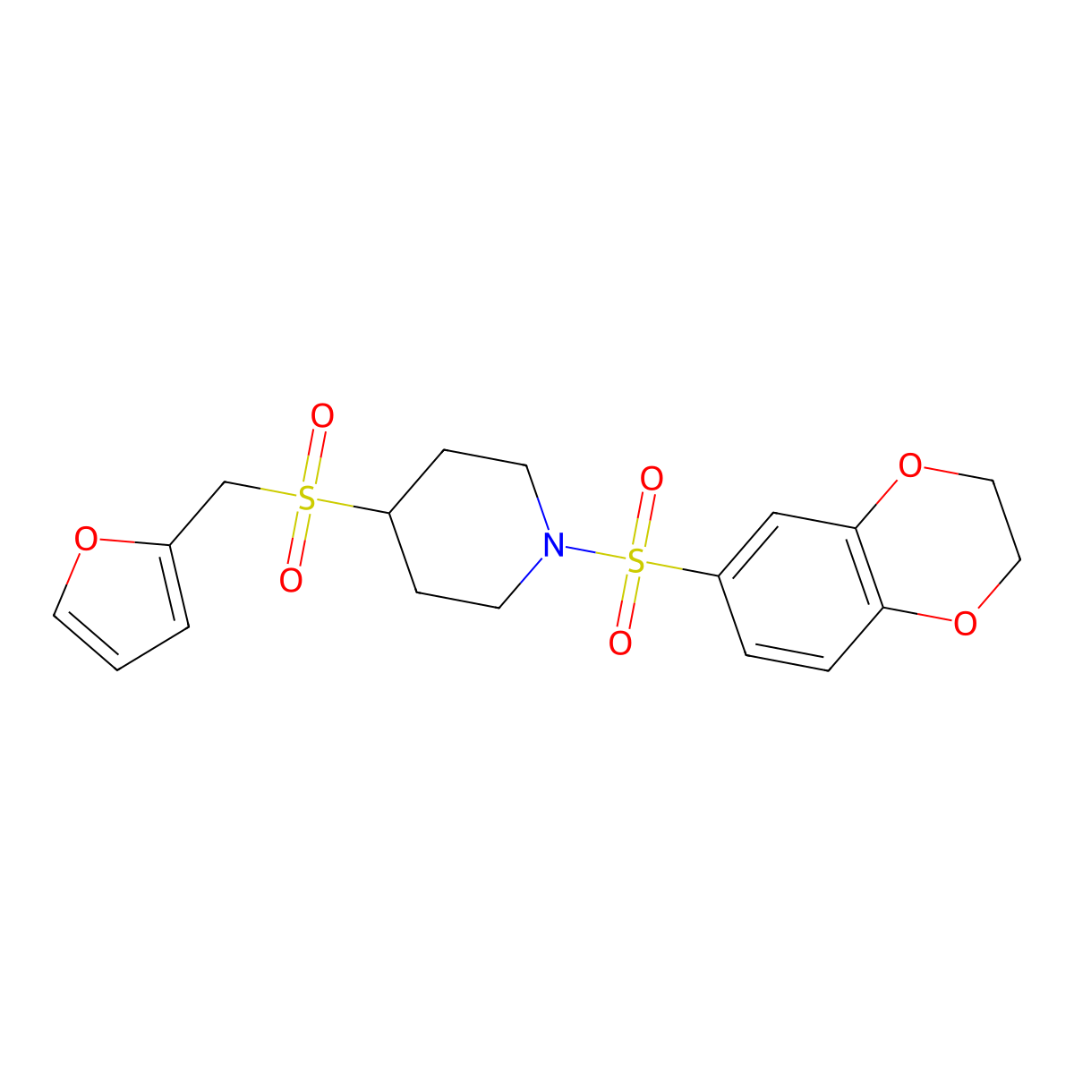 1-((2,3-Dihydrobenzo[b][1,4]dioxin-6-yl)sulfonyl)-4-((furan-2-ylmethyl)sulfonyl)piperidine molecular structure, CAS 1795357-95-7
