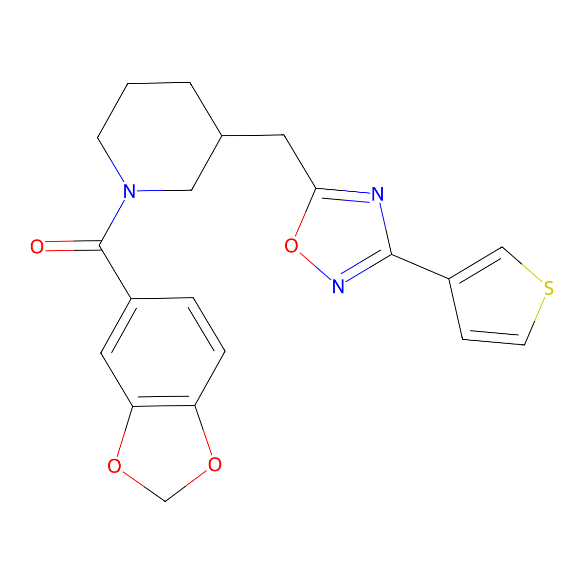 Benzo[d][1,3]dioxol-5-yl(3-((3-(thiophen-3-yl)-1,2,4-oxadiazol-5-yl)methyl)piperidin-1-yl)methanone molecular structure, CAS 1795357-96-8