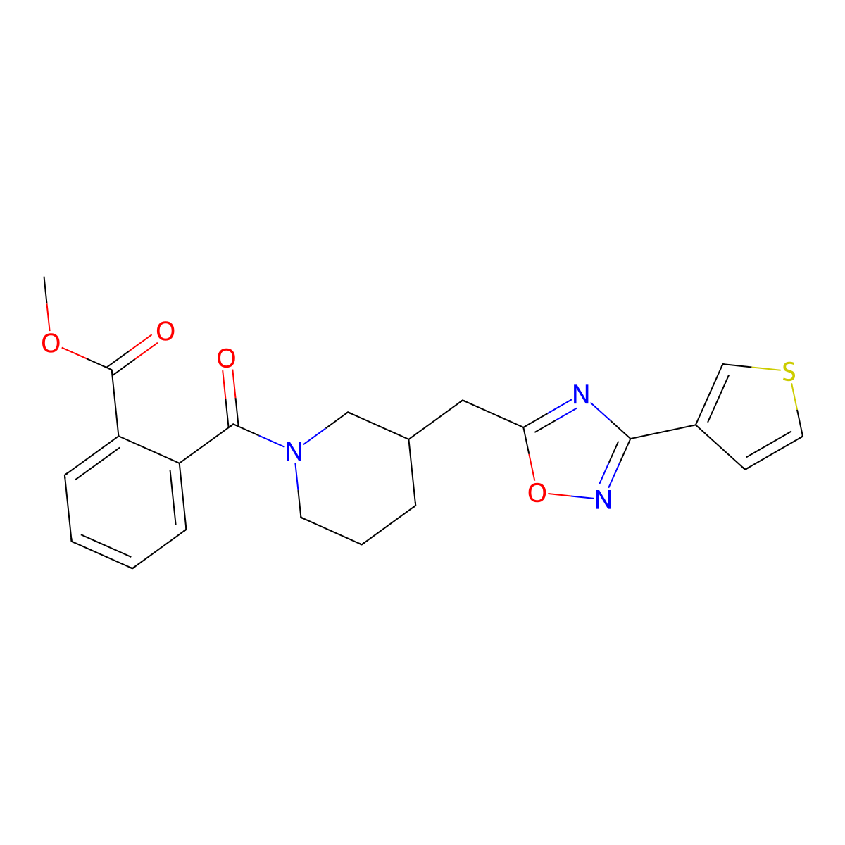 Methyl 2-(3-{[3-(thiophen-3-yl)-1,2,4-oxadiazol-5-yl]methyl}piperidine-1-carbonyl)benzoate molecular structure, CAS 1795358-08-5