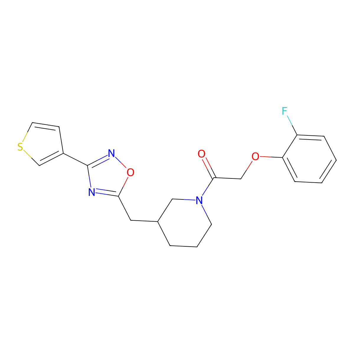 2-(2-Fluorophenoxy)-1-(3-((3-(thiophen-3-yl)-1,2,4-oxadiazol-5-yl)methyl)piperidin-1-yl)ethanone molecular structure, CAS 1795358-09-6