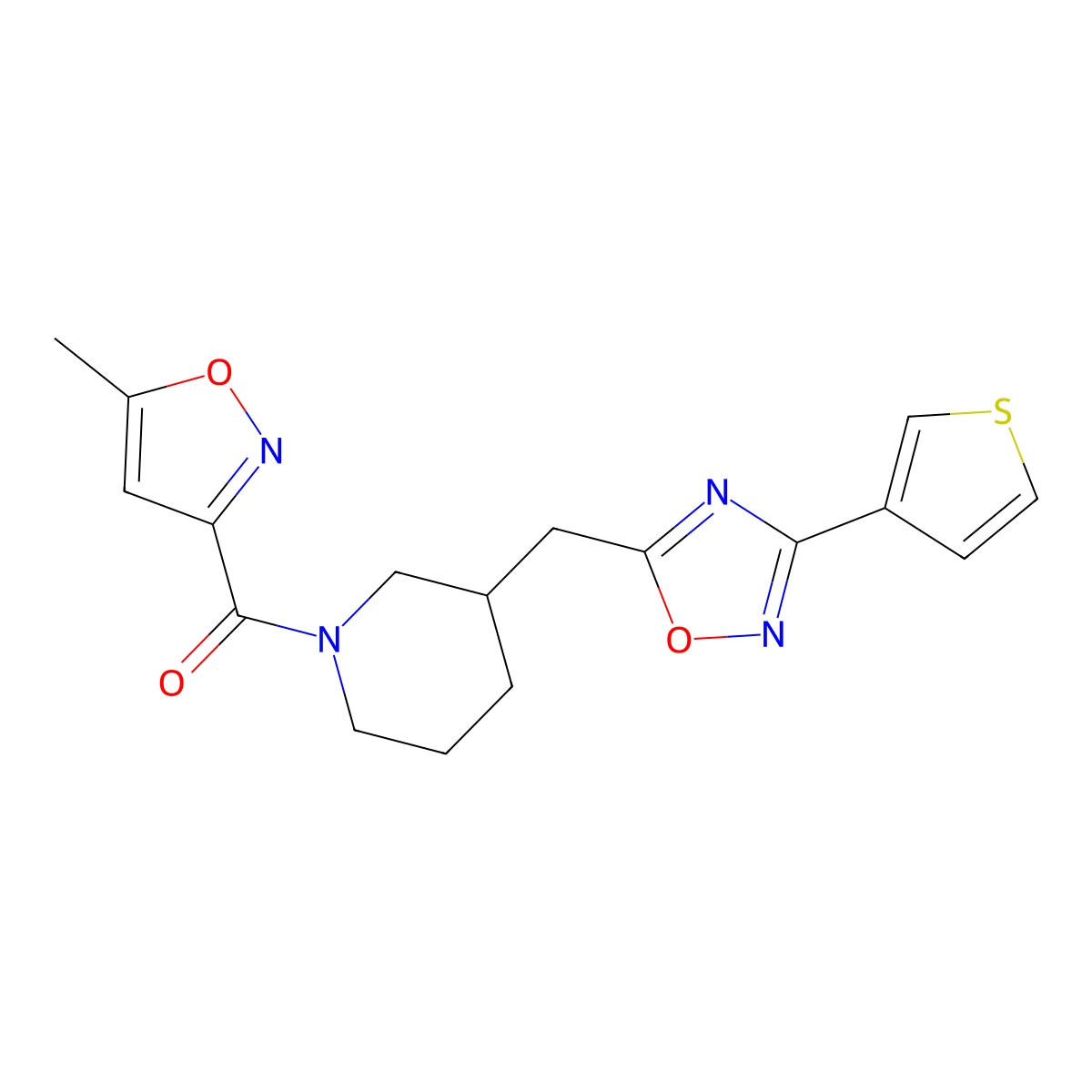 (5-Methylisoxazol-3-yl)(3-((3-(thiophen-3-yl)-1,2,4-oxadiazol-5-yl)methyl)piperidin-1-yl)methanone molecular structure, CAS 1795358-16-5