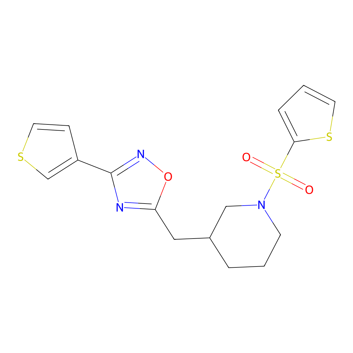5-((1-(Thiophen-2-ylsulfonyl)piperidin-3-yl)methyl)-3-(thiophen-3-yl)-1,2,4-oxadiazole molecular structure, CAS 1795358-23-4