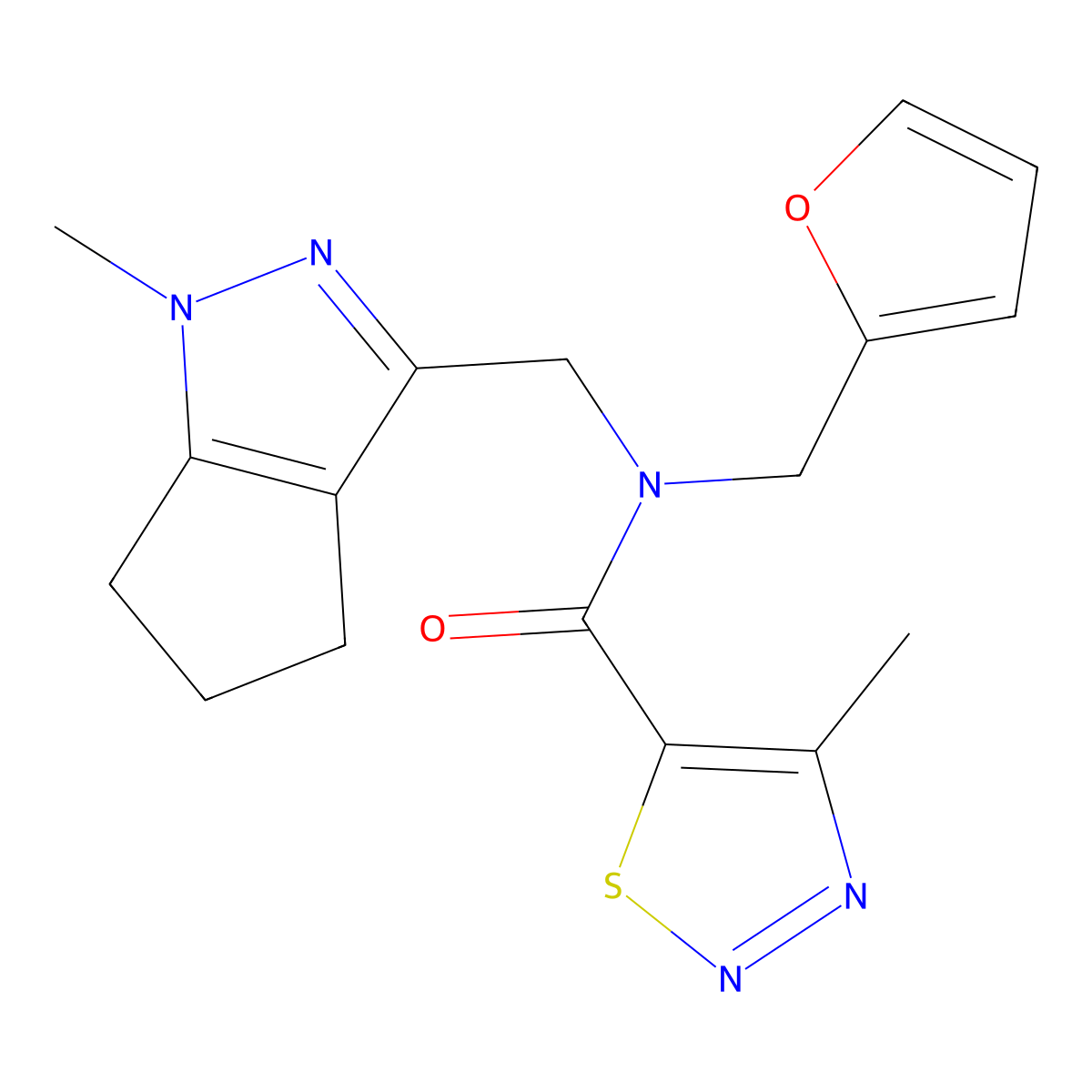N-(furan-2-ylmethyl)-4-methyl-N-((1-methyl-1,4,5,6-tetrahydrocyclopenta[c]pyrazol-3-yl)methyl)-1,2,3-thiadiazole-5-carboxamide molecular structure, CAS 1795358-38-1