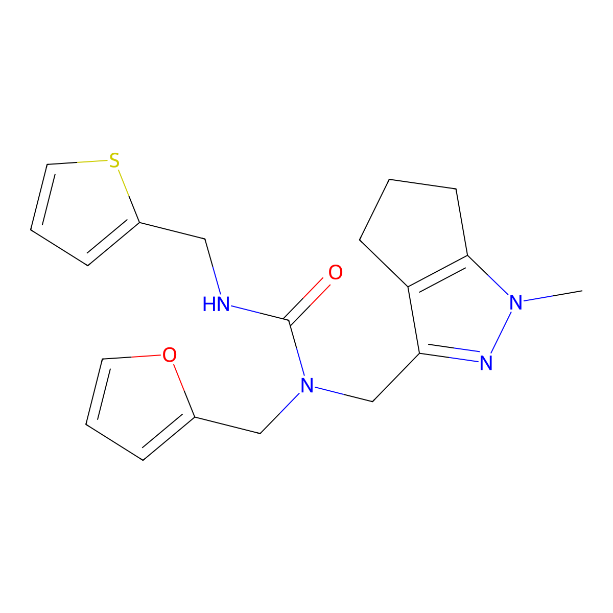 1-(Furan-2-ylmethyl)-1-((1-methyl-1,4,5,6-tetrahydrocyclopenta[c]pyrazol-3-yl)methyl)-3-(thiophen-2-ylmethyl)urea molecular structure, CAS 1795358-46-1