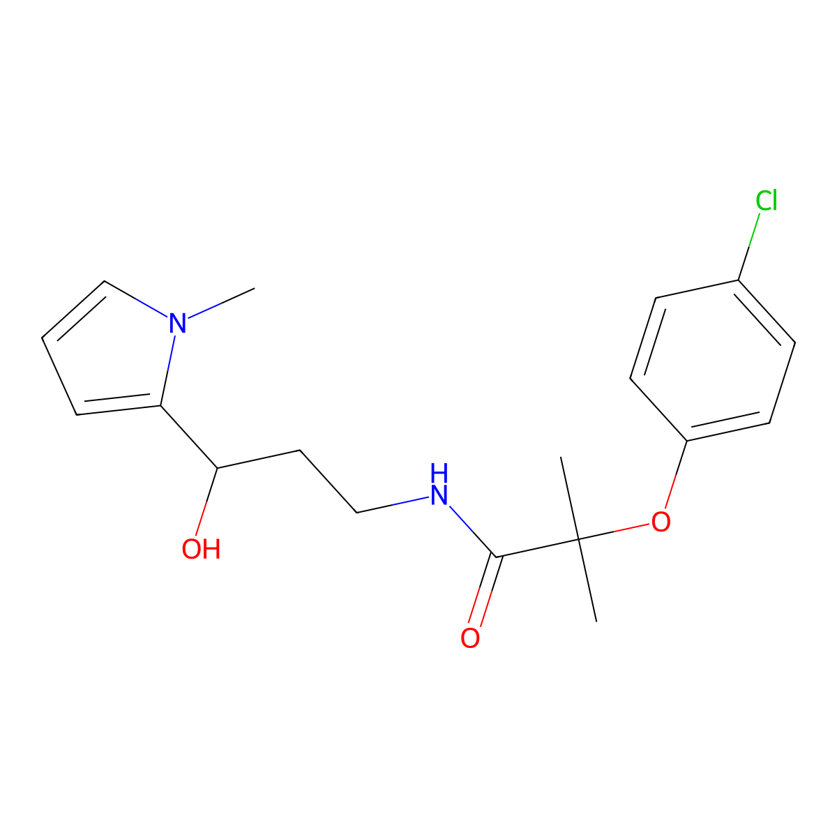 2-(4-chlorophenoxy)-N-[3-hydroxy-3-(1-methyl-1H-pyrrol-2-yl)propyl]-2-methylpropanamide molecular structure, CAS 1795358-63-2