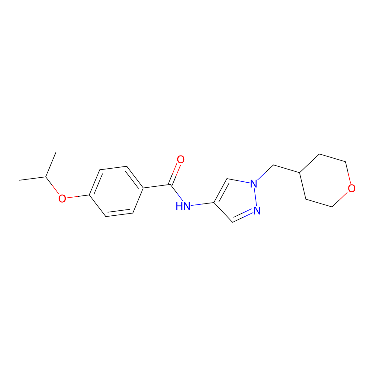 4-isopropoxy-N-(1-((tetrahydro-2H-pyran-4-yl)methyl)-1H-pyrazol-4-yl)benzamide molecular structure, CAS 1795359-29-3