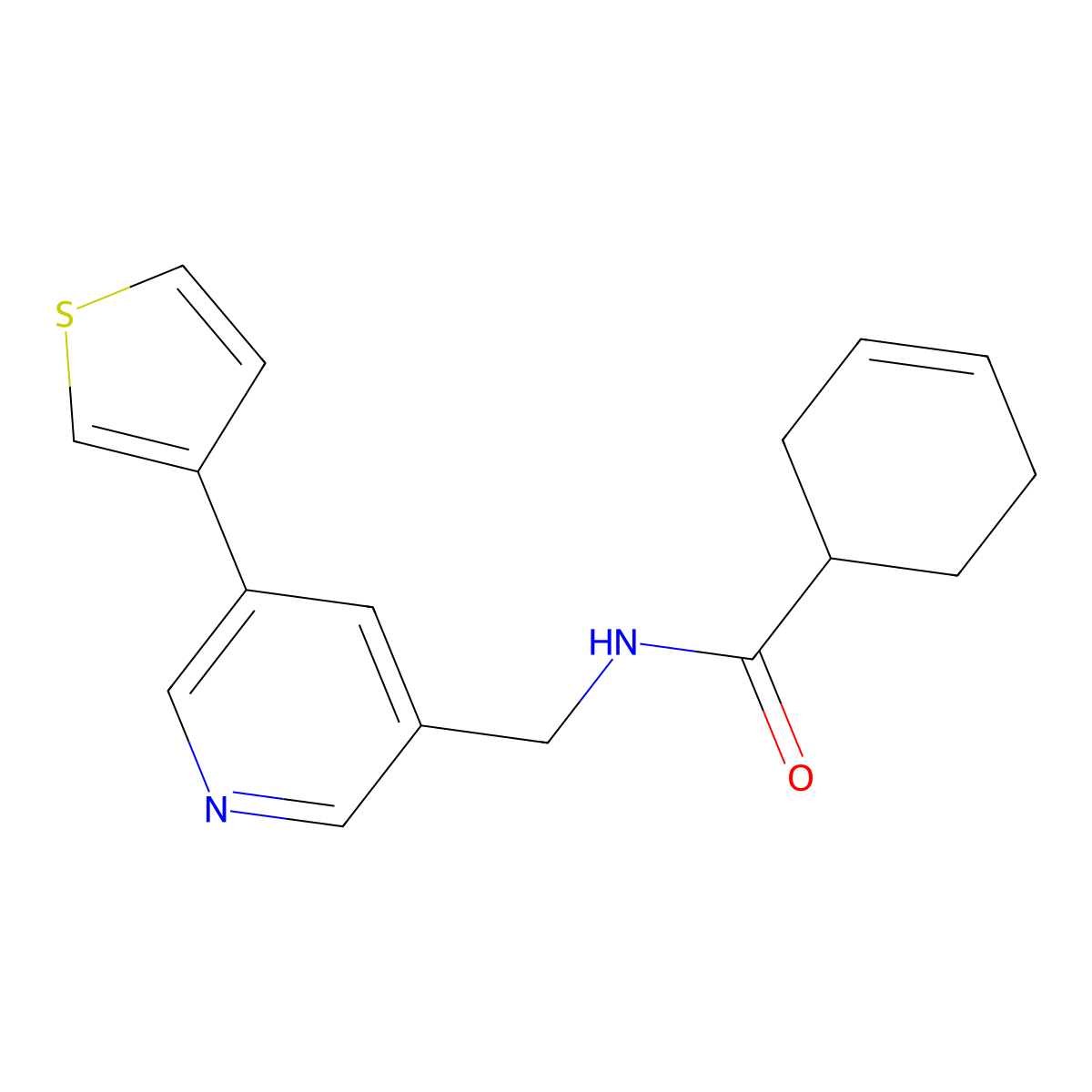 N-((5-(thiophen-3-yl)pyridin-3-yl)methyl)cyclohex-3-enecarboxamide molecular structure, CAS 1795361-87-3